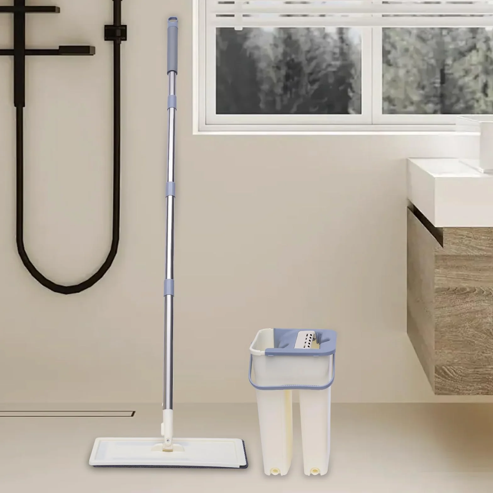 Biznesowy mop i wiadro 360° zestaw mopa i wiadra z 10 wymiennymi wiaderkami z mikrofibry, możliwość prania w pralce do czyszczenia na sucho i na mokro.