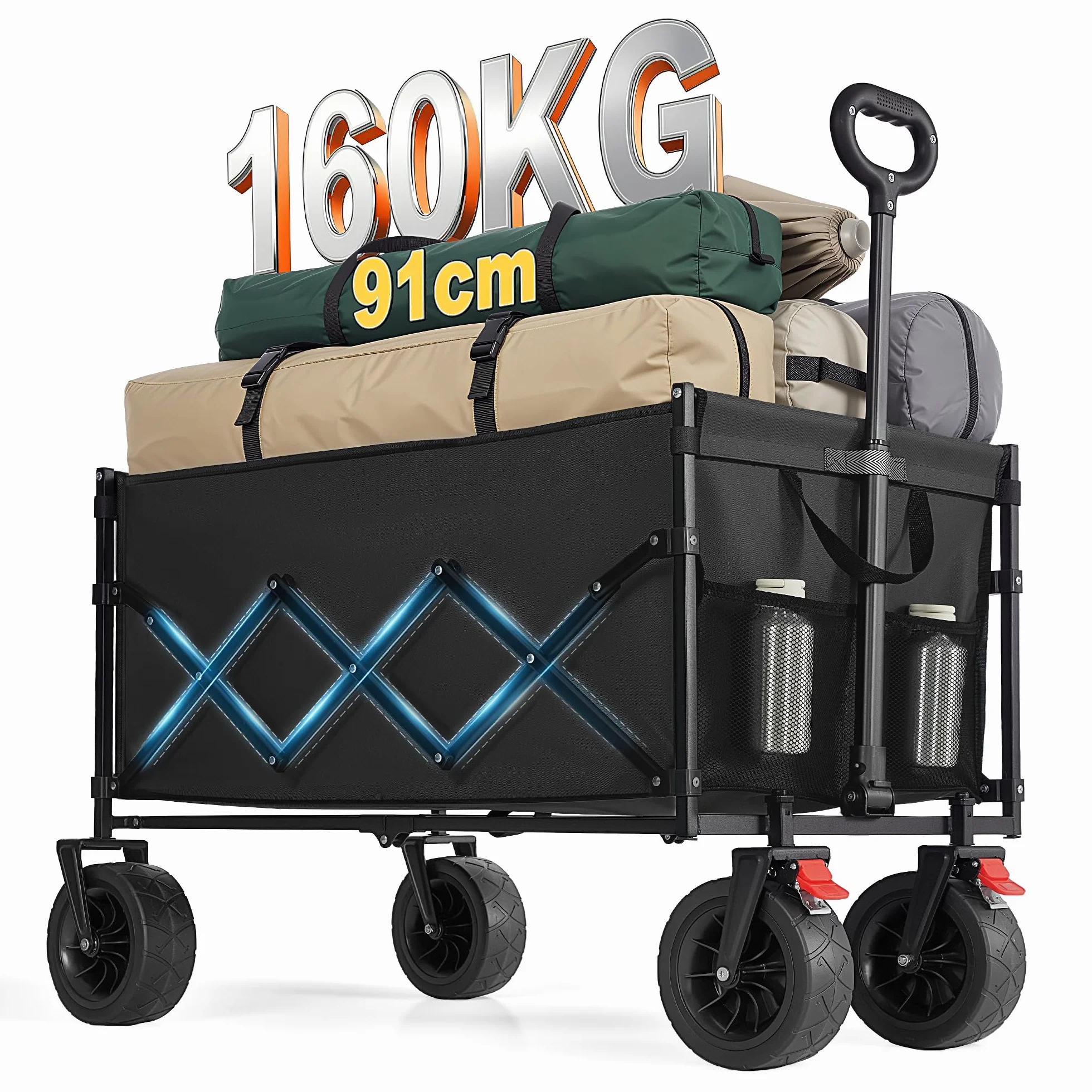 SONGMICS składany wózek, wózek ręczny z uchwytem, wózek ogrodowy, do kempingu, 4 wzmocnione koła, w tym 2 uniwersalne, do ogrodu, ładowność 180 kg, 200 l, atramentowy czarny GFW201B101