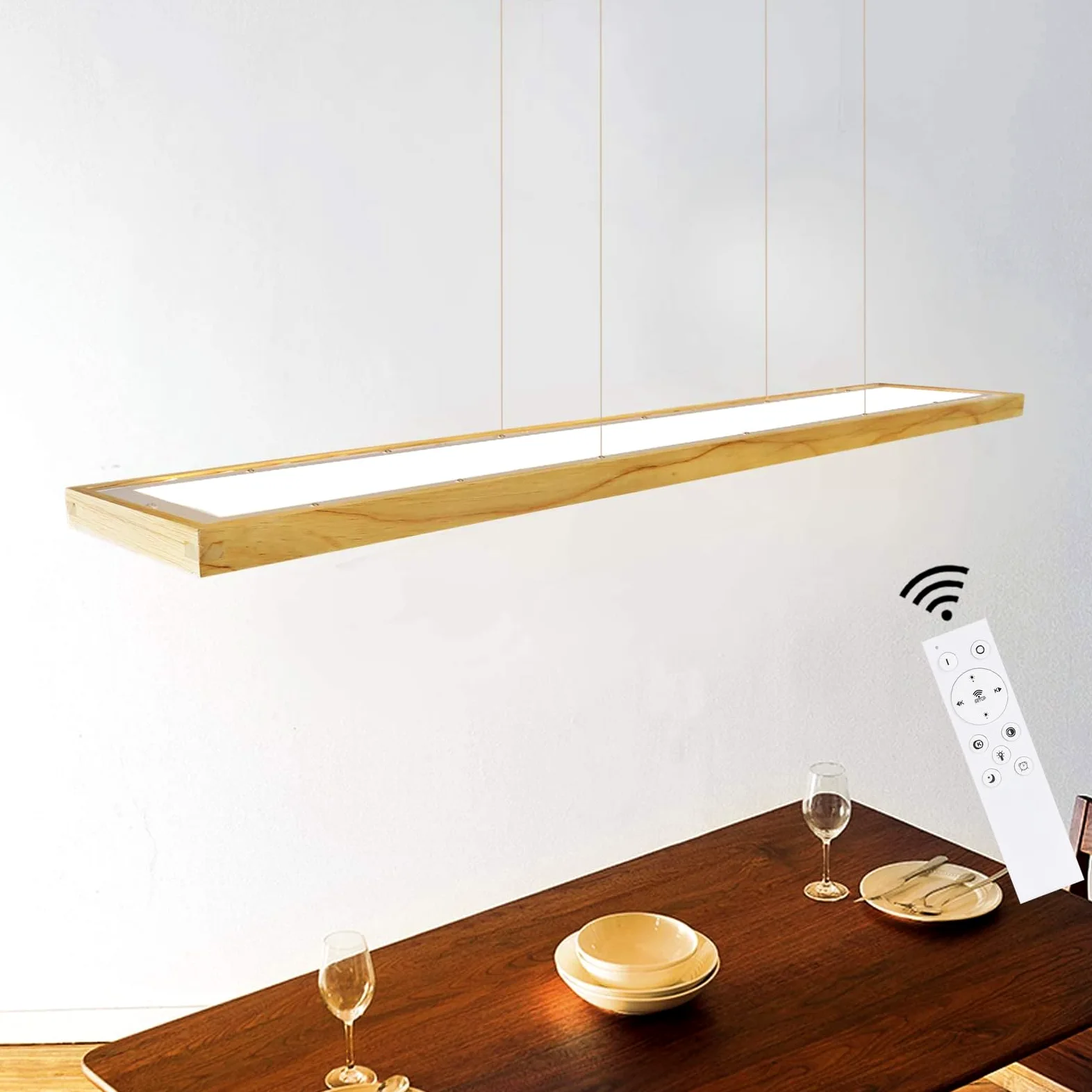 ZMH Lampa wisząca LED, drewniana, rustykalna, z możliwością ściemniania, 40 W, pilot zdalnego sterowania, z regulacją wysokości, do jadalni, gabinetu, salonu, kuchni
