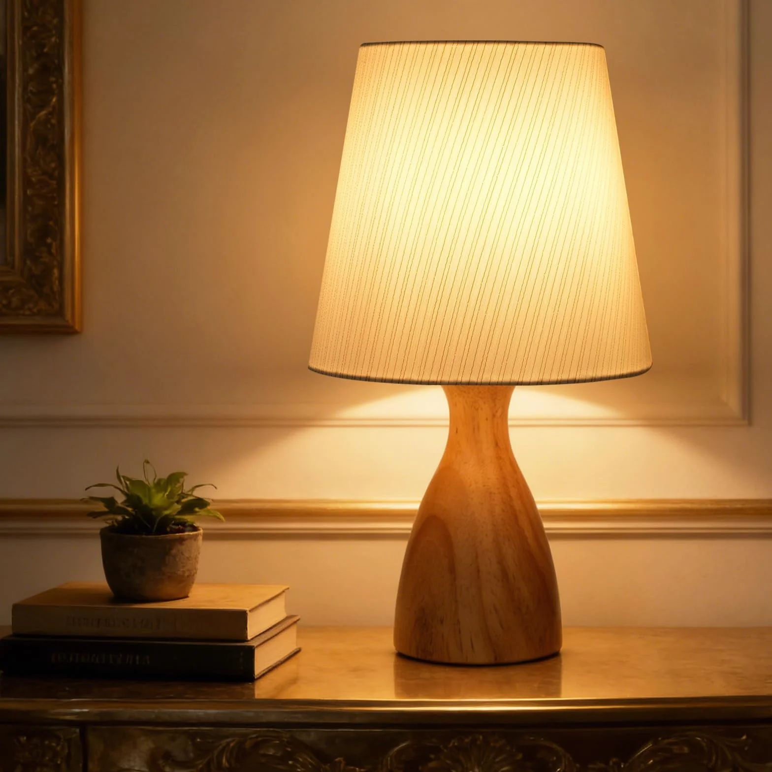 Lampka nocna Stołowa Drewniana, Beżowy Abażur Lniany ze Złotymi Paskami, Oprawa E14 z Żarówką LED 3000K, Stylowa Lampa Stołowa Vintage do Sypialni, Salonu, Biura (Kolor drewniany)