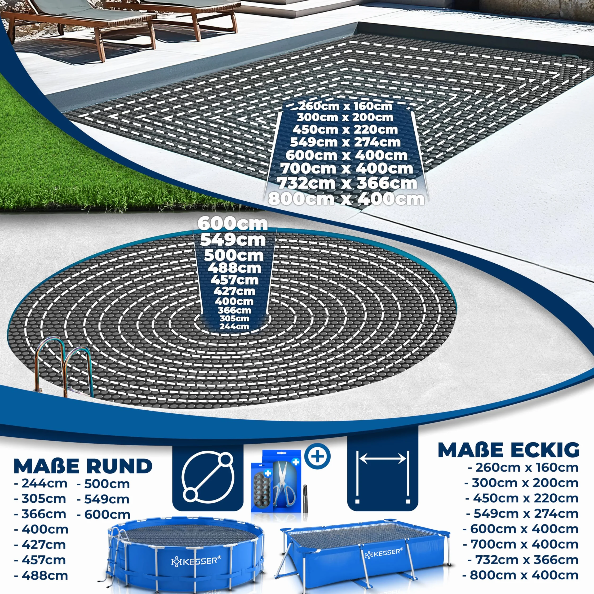 KESSER® Plandeka solarna do basenu, okrągła, Ø 457 cm, folia solarna o grubości 120 µm, plandeka solarna z możliwością przycięcia, folia solarna do podgrzewania wody