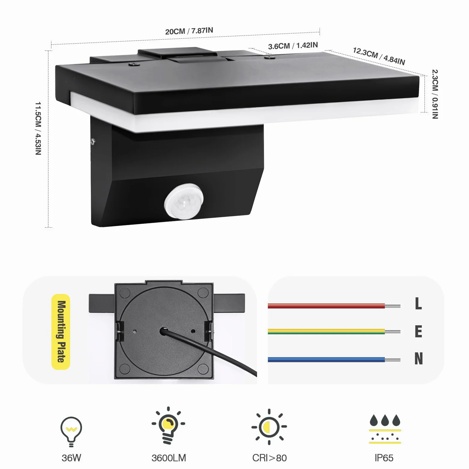Nowoczesna lampa ścienna LED 36 W, z czujnikiem ruchu, ciepła biel 3000 K, wodoodporna IP65, obracany panel LED, na taras, do ogrodu, na balkon, 2 szt