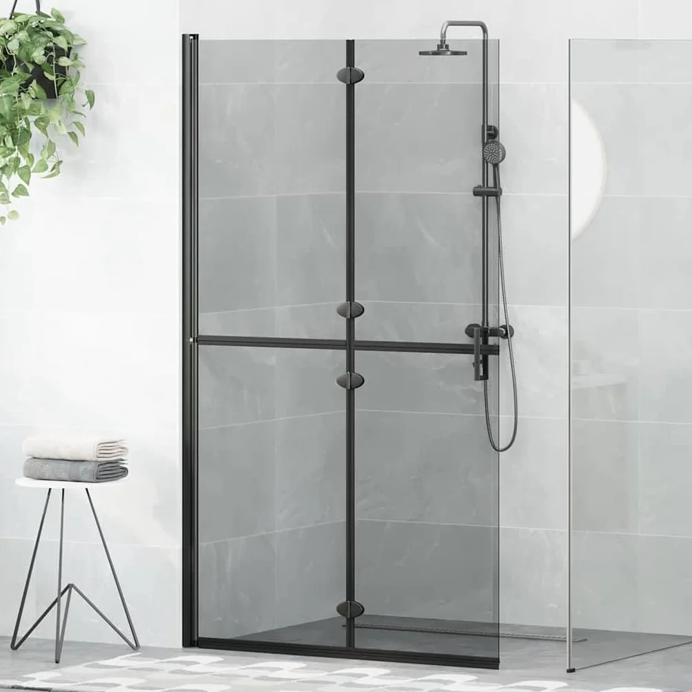 Ścianka prysznicowa Walk-In czarna z aluminium i szkła hartowanego, 110 x 6,5 x 190 cm, składana, do łazienki, ochrona przed rozpryskiwaniem, zajmuje mało miejsca szklana ścianka do wnętrz