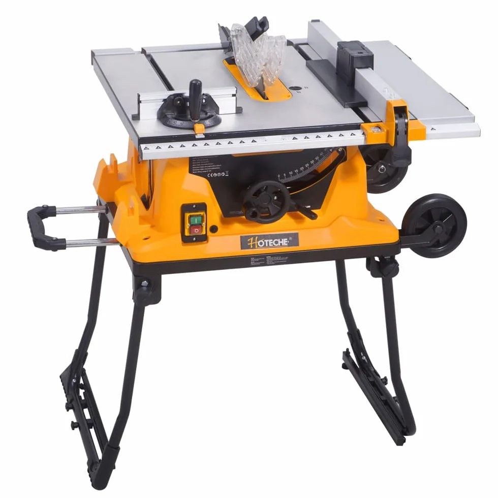Hoteche Stołowa pilarka tarczowa 1500 W, 254 mm, 4500 obr./min, aluminiowa płyta robocza 608 x 585 mm, głębokość cięcia 80 mm (90°), 55 mm (45°), z pomocą do przesuwania i stołami przedłużającymi