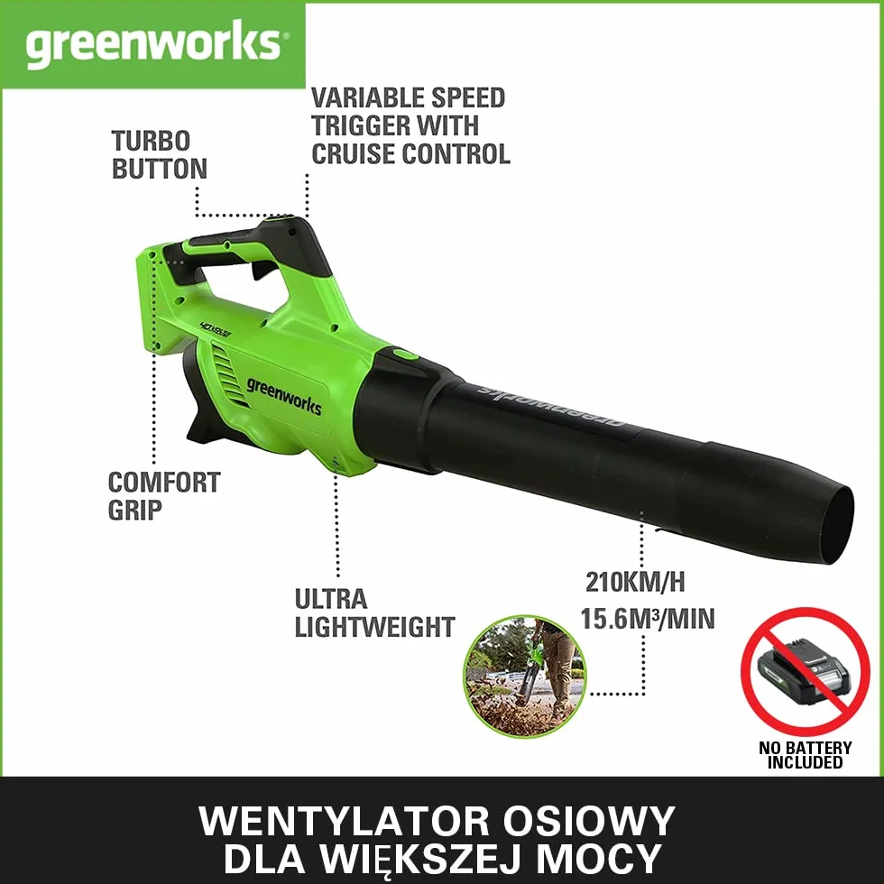 Greenworks GD40AB Akumulatorowa dmuchawa do liści 210 km/h 15,6 m³/min bezszczotkowy tempomat turbo bez baterii 40 V