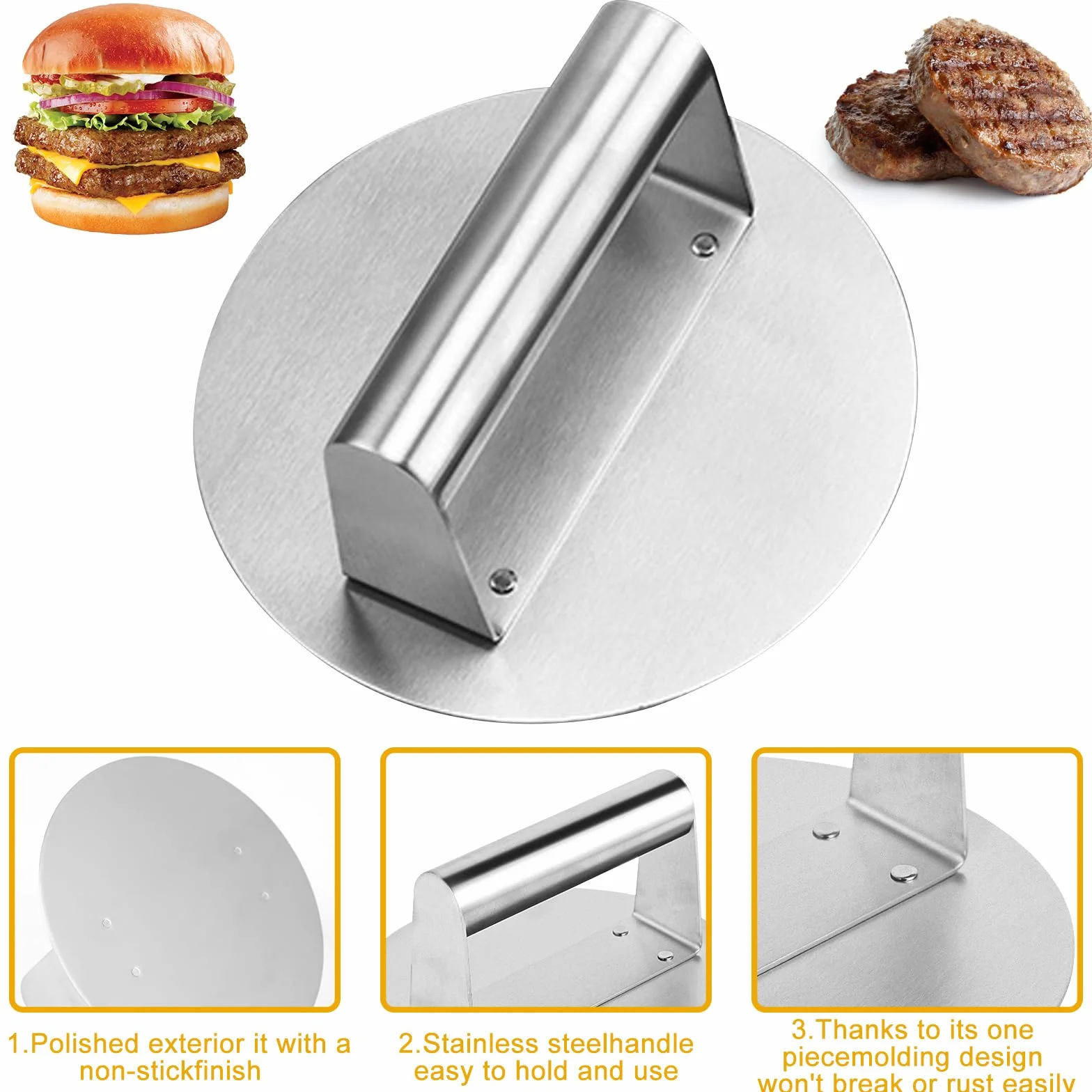Bafumiu Prasa do burgerów ze stali nierdzewnej, 16 cm, okrągła prasa do hamburgerów, profesjonalna prasa do burgerów do płaskich grillów, akcesoria do grilla do wyciskania Grease, łatwa do