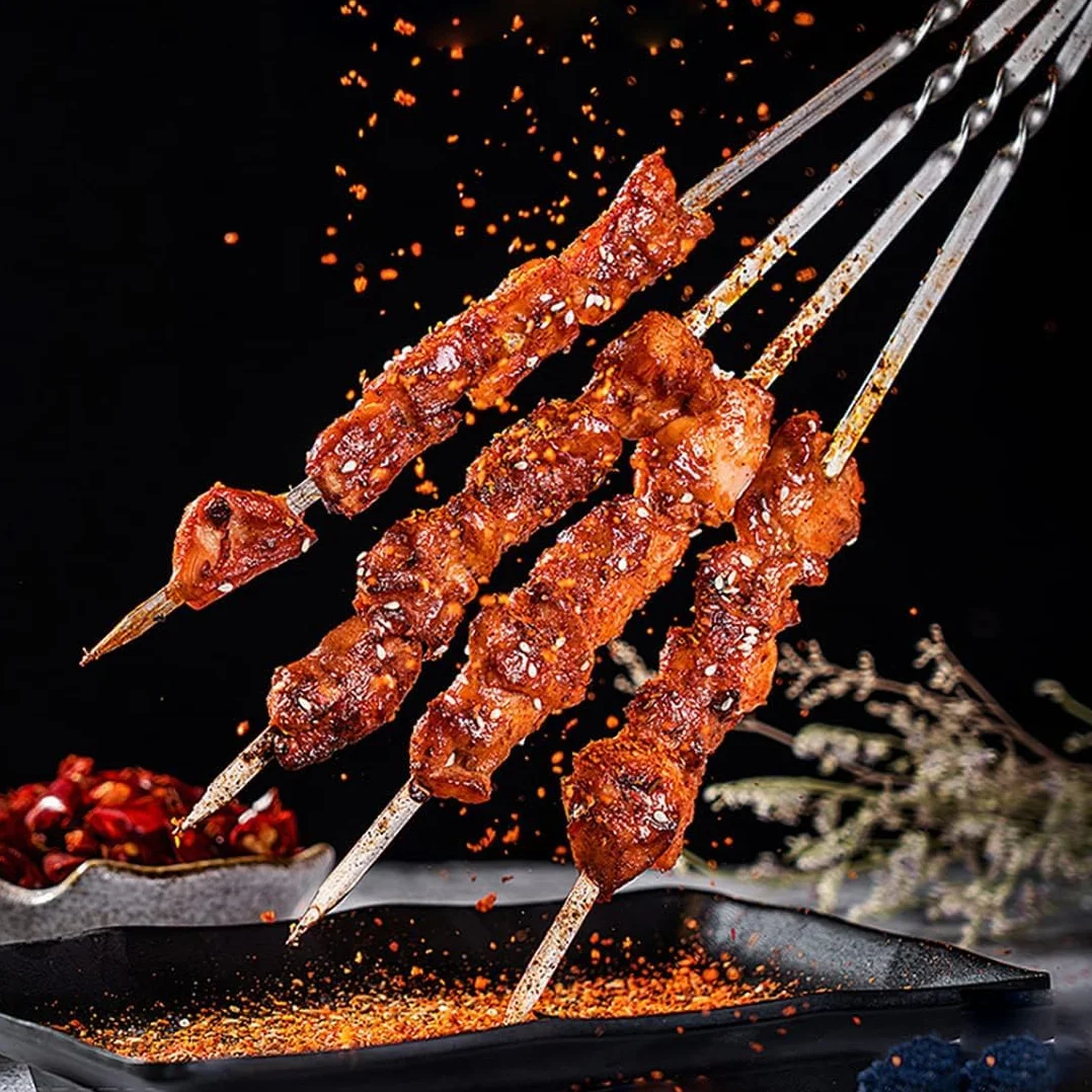 Szpikulce kebab ze stali nierdzewnej, płaskie, wielokrotnego użytku, stojak na kebab