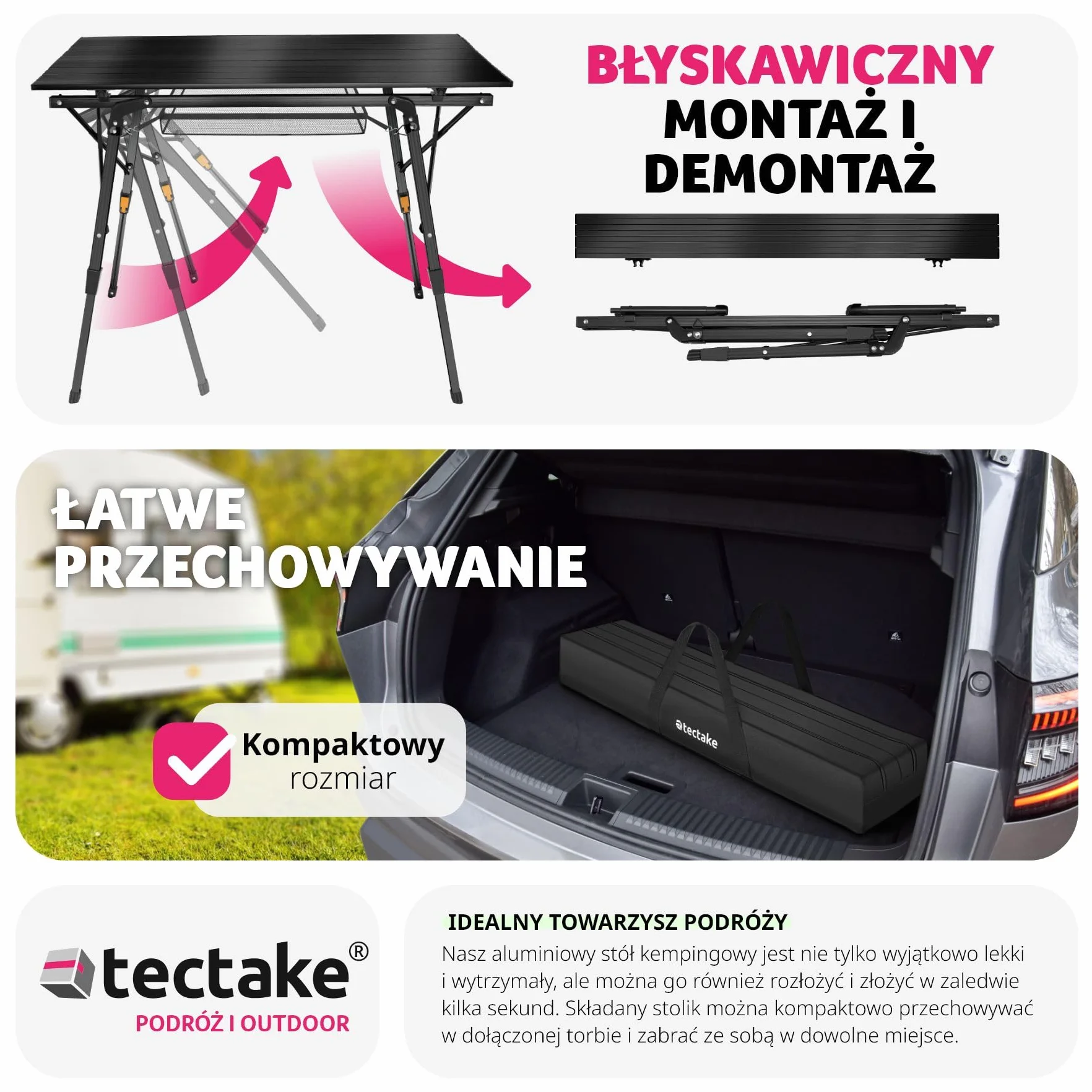 Tectake Stół Kempingowy Tina Składany Aluminiowy z Regulacją Wysokości Czarny