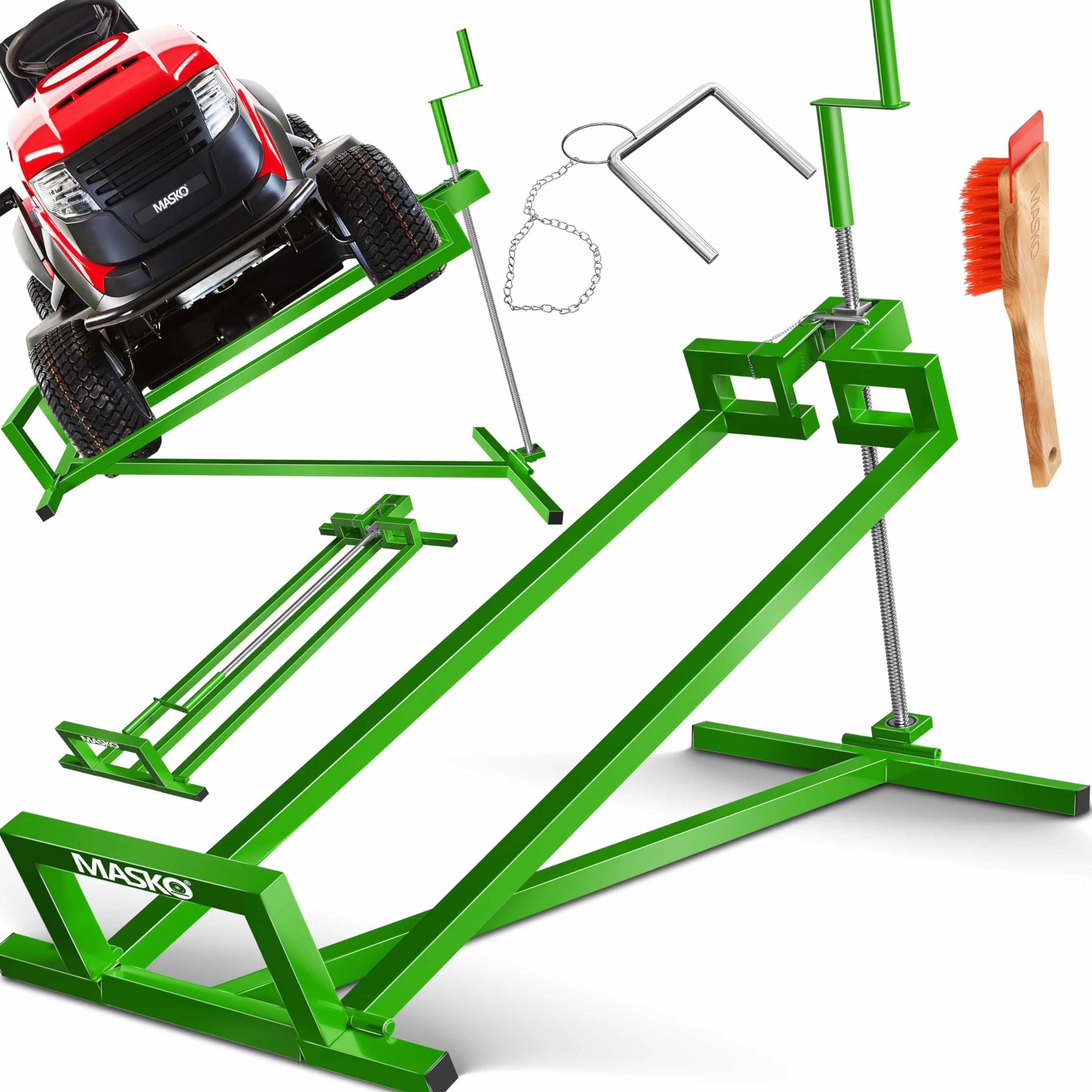 MASKO® Podnośnik do traktora ogrodowego XXL, 450 kg, podnośnik do kosiarki, uniwersalny podnośnik do traktora, regulowany kąt nachylenia 45°, w zestawie rękawice robocze i szczotka, zielony