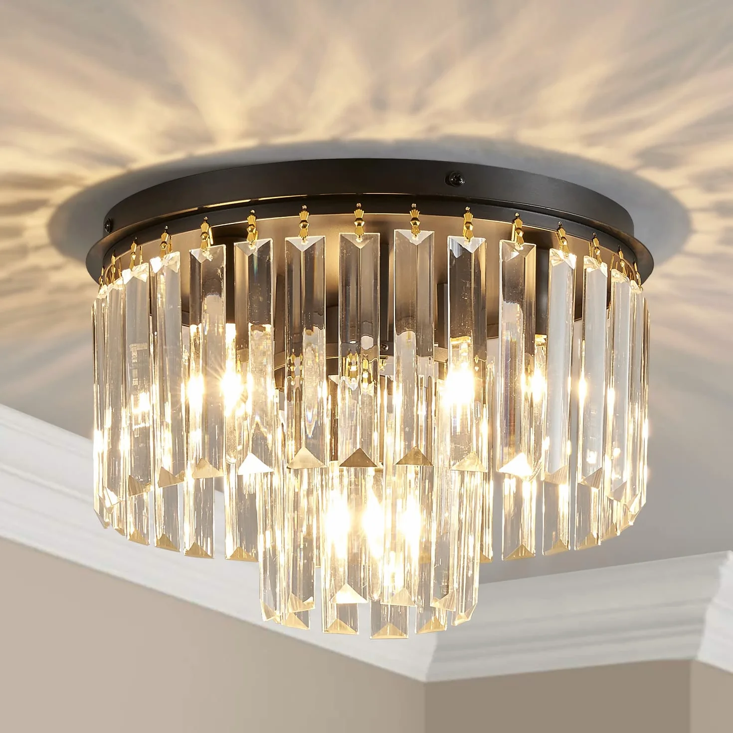 AGV LIGHTING Kryształowa lampa sufitowa, nowoczesna, półpodtynkowa lampa sufitowa, D12 x H8, podstawa E12 3 lampy, czarne wykończenie