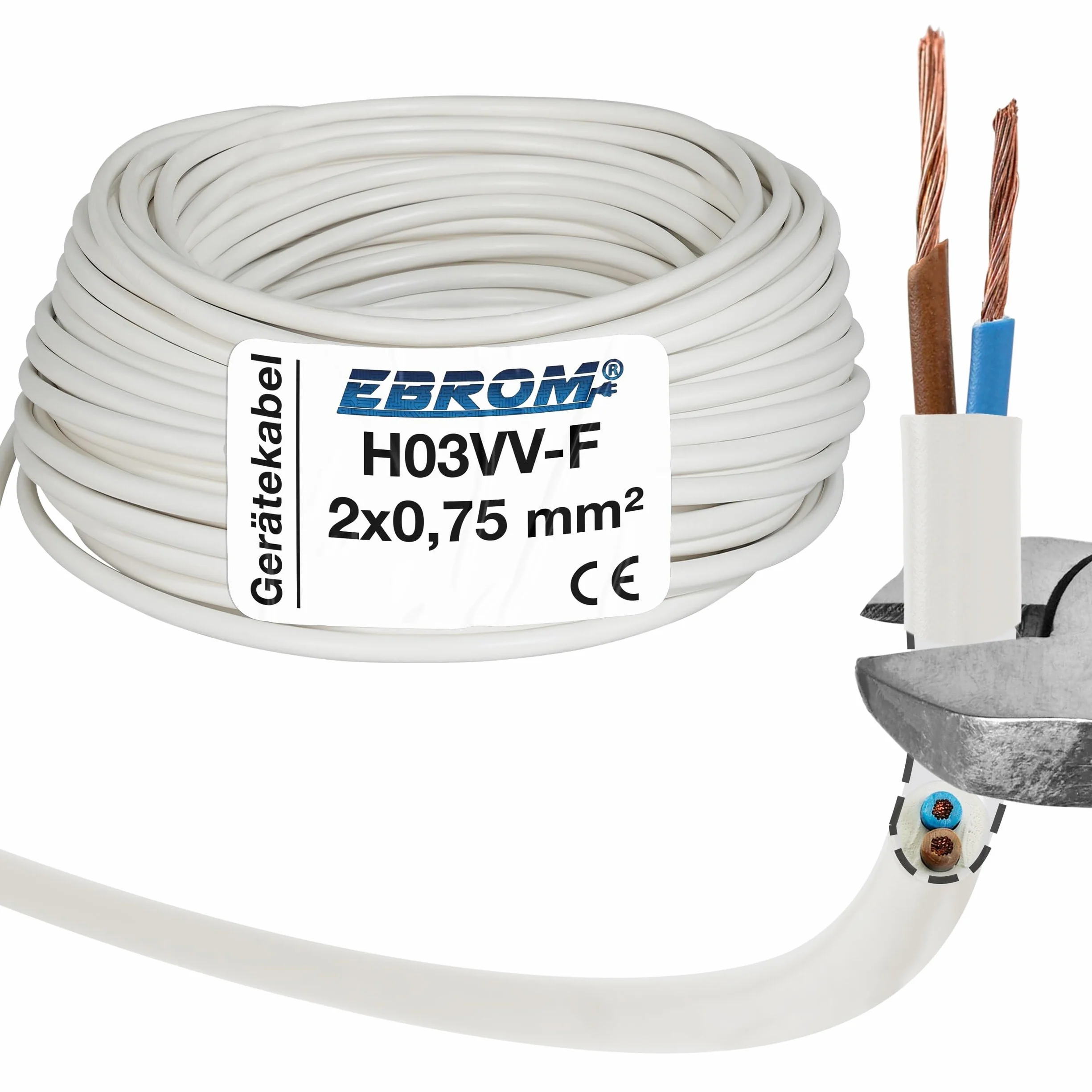 EBROM Wąż z tworzywa sztucznego okrągły, kabel LED, kabel zasilający, kabel do urządzeń H03VV-F 2 x 0,75 mm², kolor: biały, wiele długości w odstępach 5 m do 250 metrów 2 x 0,75 mm², długość kabla: 40