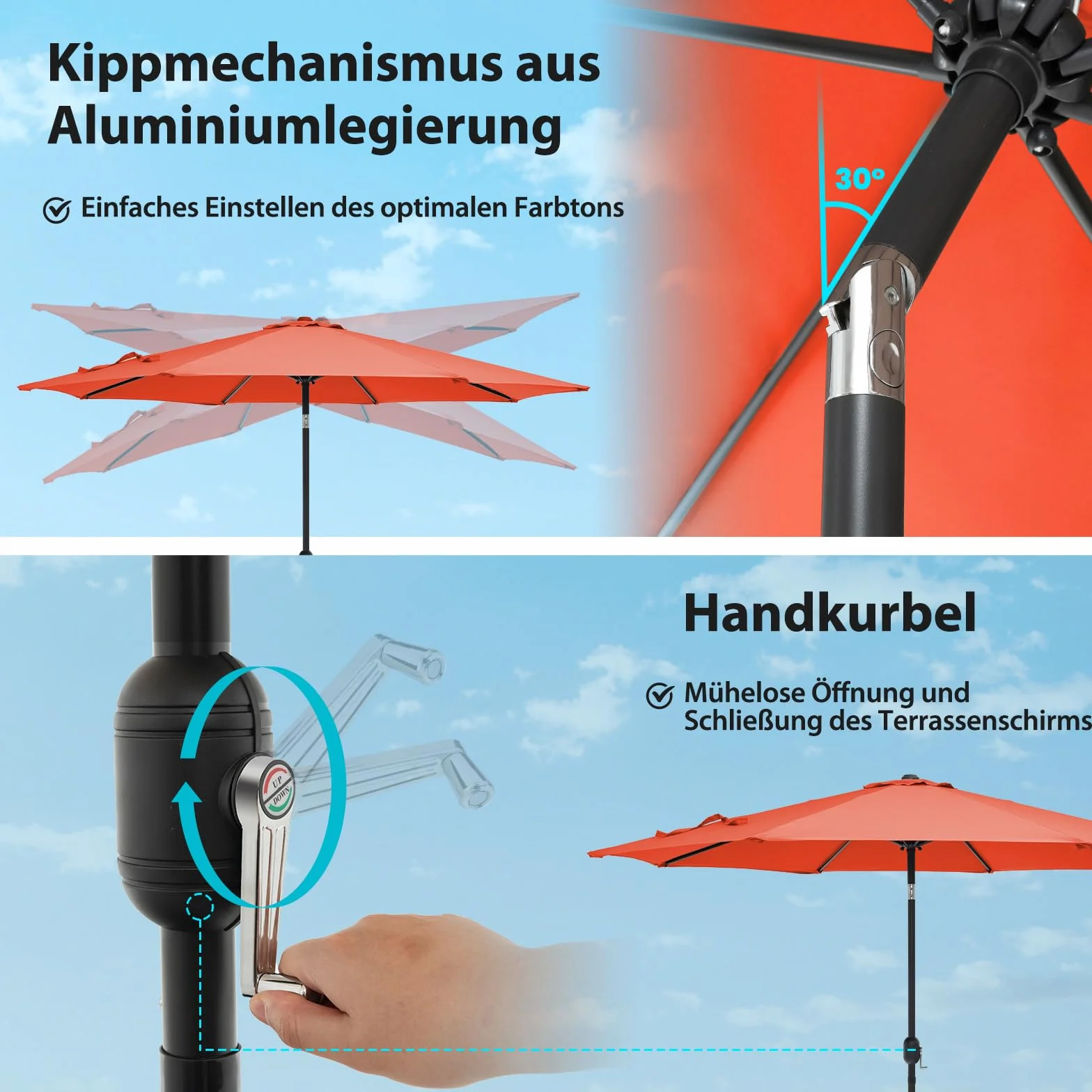 COSTWAY Parasol przeciwsłoneczny 300 cm, parasol ogrodowy z korbą, obustronnie zginany o 25°, parasol tarasowy z 8 żebrami, parasol targowy do ogrodu, na balkon, taras, pomarańczowy