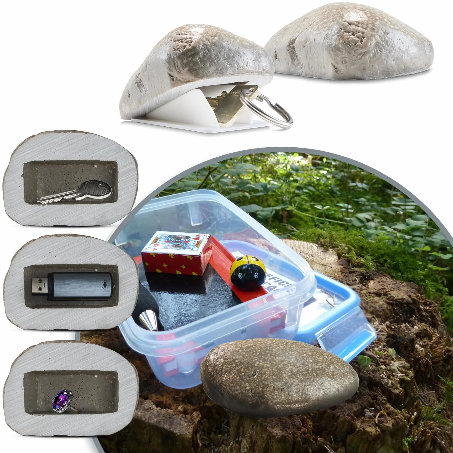 COM-FOUR® Key Stone „Pebblestone” - imitacja kamienia z tajna przegródka - sztuczna skala do geocachingu - kryjówka na klucze o wygladzie kamienia - kamienny manekin (1 sztuka - plaska)