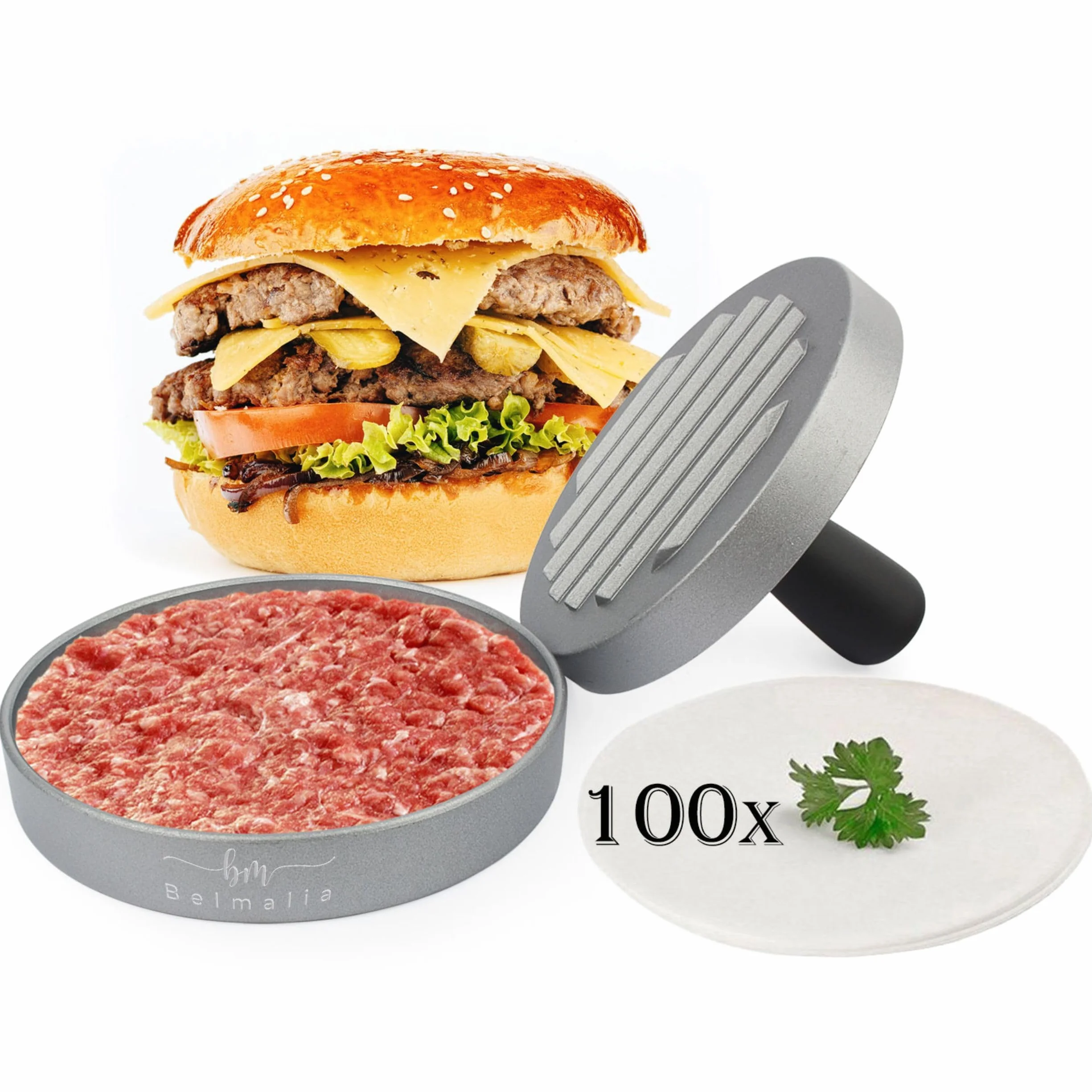 Prasa do Burgerów 100 Arkuszy Papier do Pieczenia dla Doskonałych Burgerów, Hamburger, Cheeseburger, Klopsiki, Patties, Prasa, Grill, Nieprzywierająca Powłoka, 11 cm
