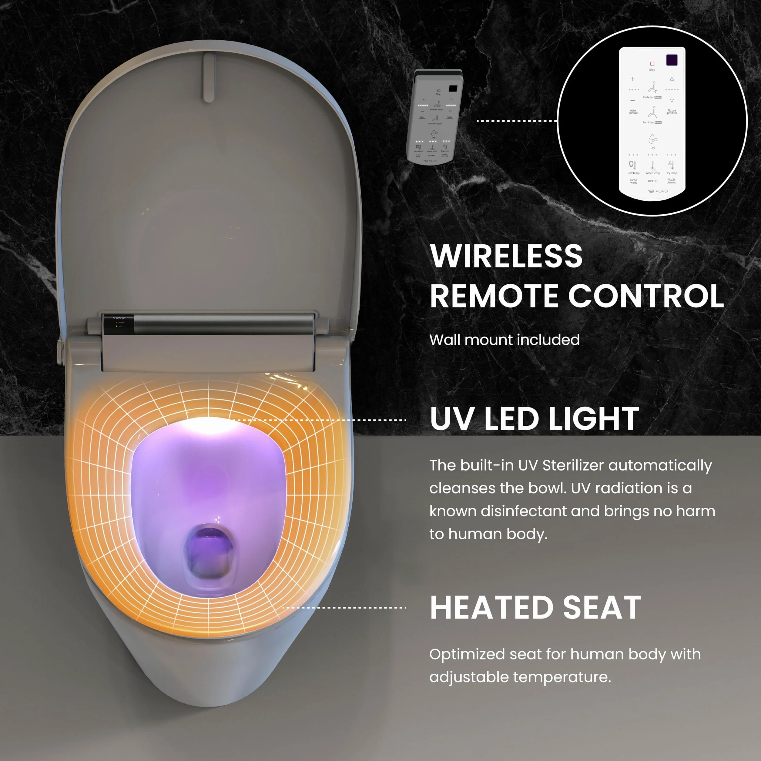 VOVO STYLEMENT VB-4000SE Electronic Smart Bidet Toilet Seat, Easy Install, Heated Seat,Warm Dry and Water, LED, Deodorization, Eco Power Save,Self Cleaning Full Stainless Nozzle, Elongated, Made in Korea