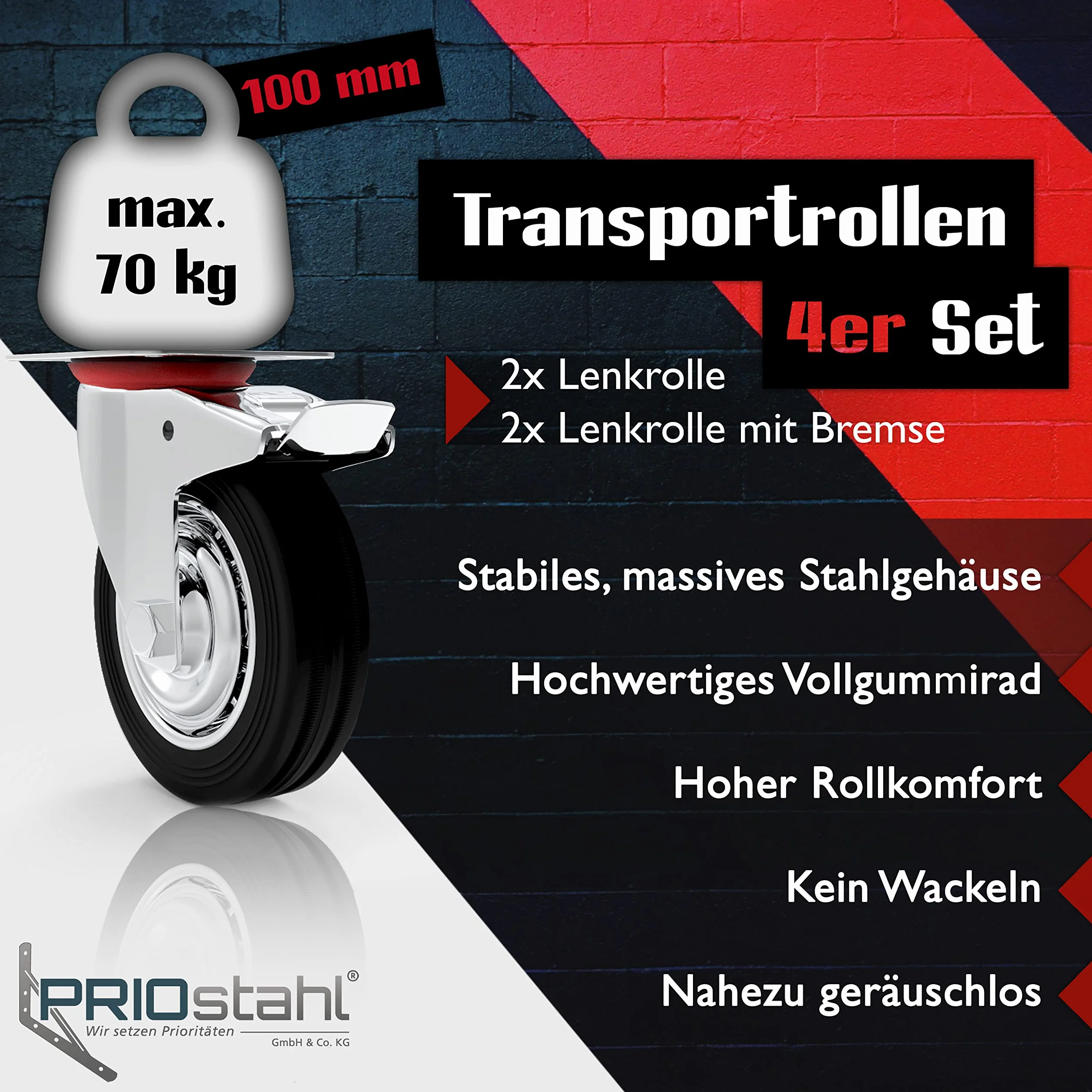 PRIOstahl TR-Set-7 4-częściowe rolki transportowe, 2 x hamulce, 2 x kółka obrotowe, 100 mm, czarne