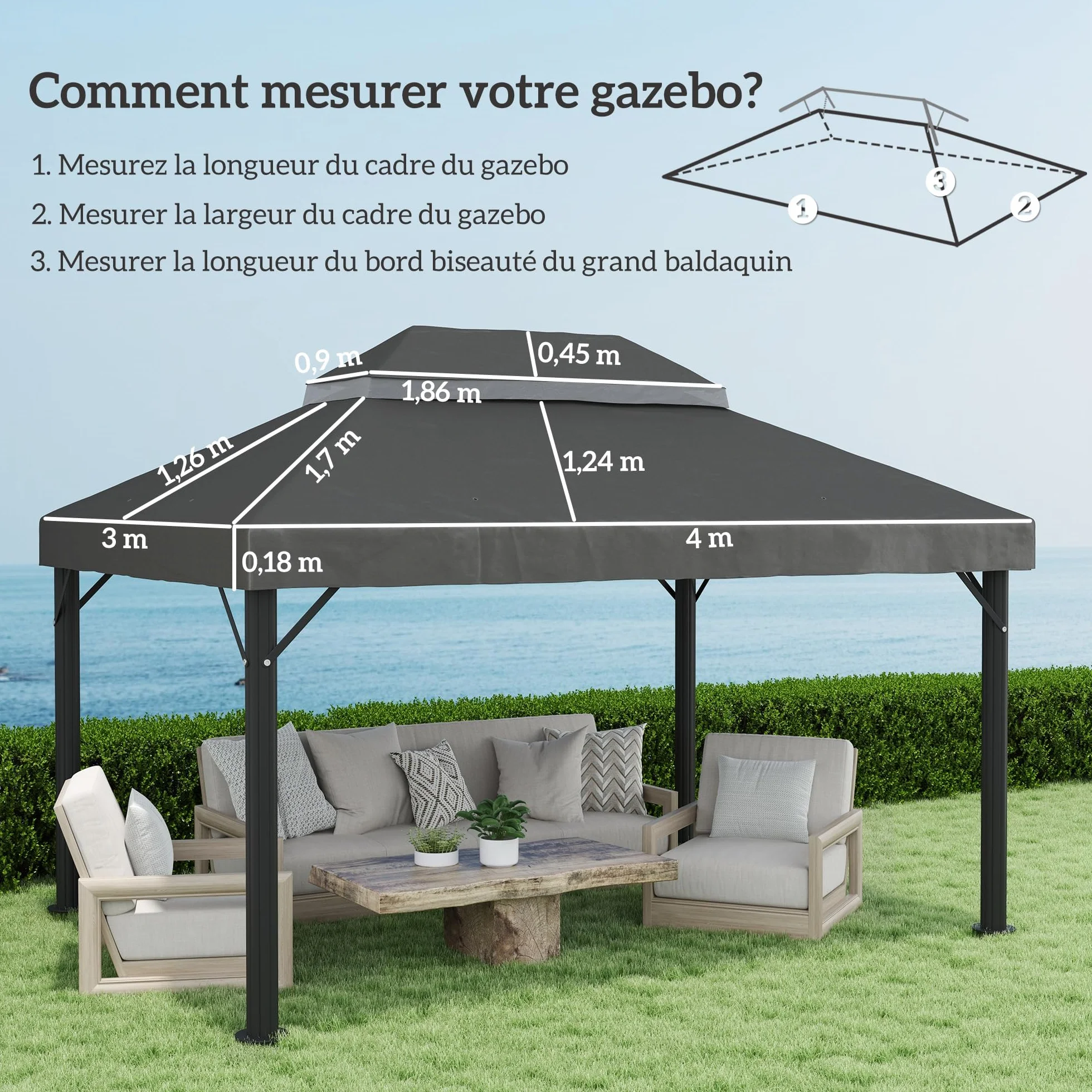 Outsunny Płótno zastępcze do pawilonu 4x3 m podwójny dach poliester 370 g/m² UPF30+ ciemnoszary