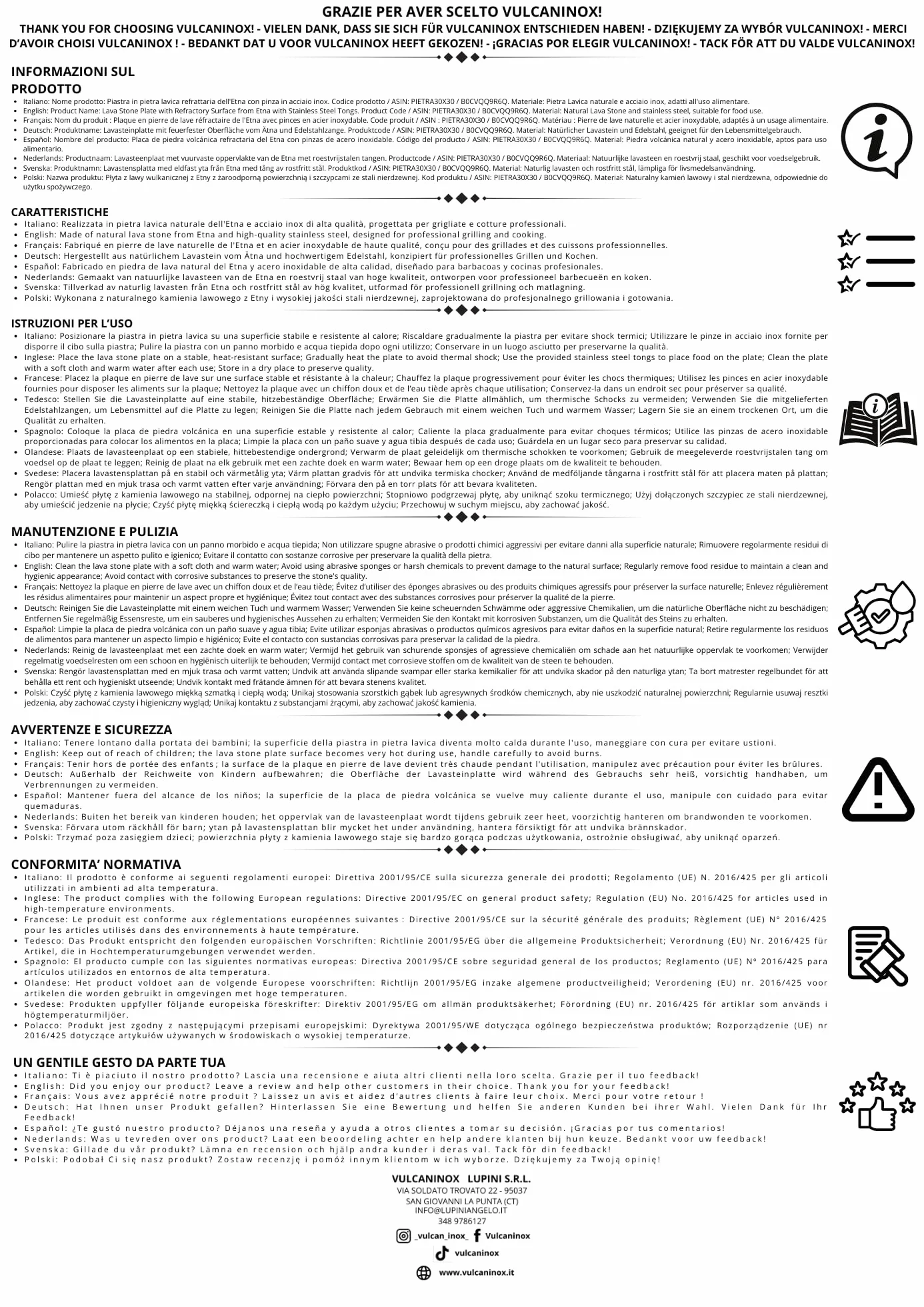 Vulcaninox ogniotrwała płyta z lawy wulkanicznej z zaciskami ze stali nierdzewnej, grill, piekarnik, wyprodukowano we Włoszech (30 x 30 x 2)