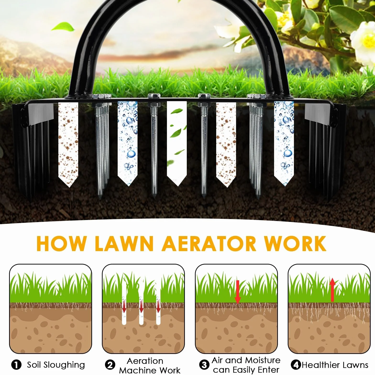 Aerator do trawnika 96 cm Ręczny napowietrzacz ziemny z uchwytem T 17 kolcami stalowymi
