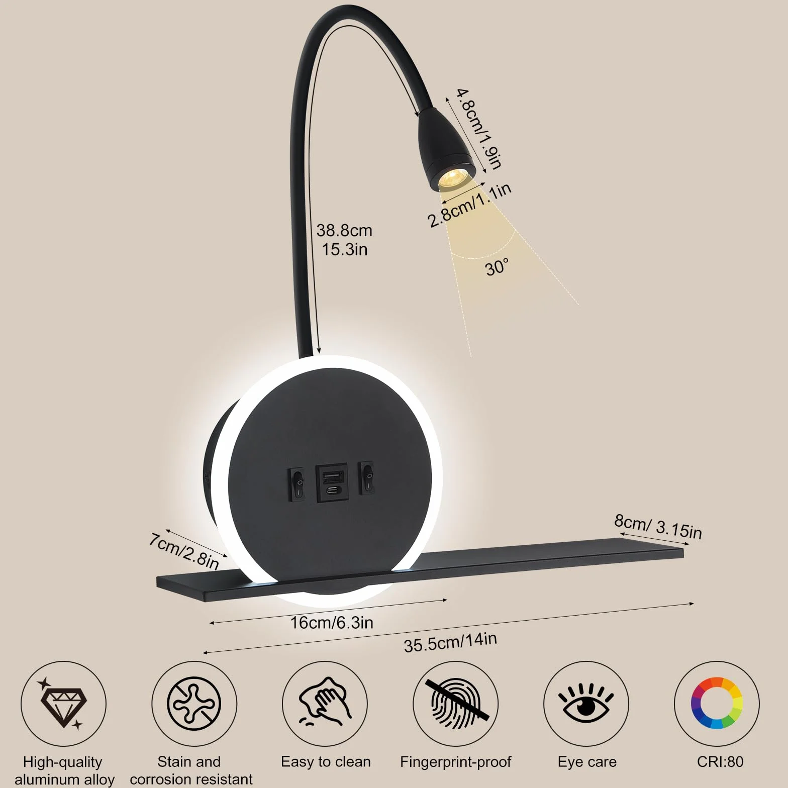 SANSHI Lampa do czytania na ścianie LED z przełącznikiem, lampka do łóżka z USB + złącze ładowania typu C