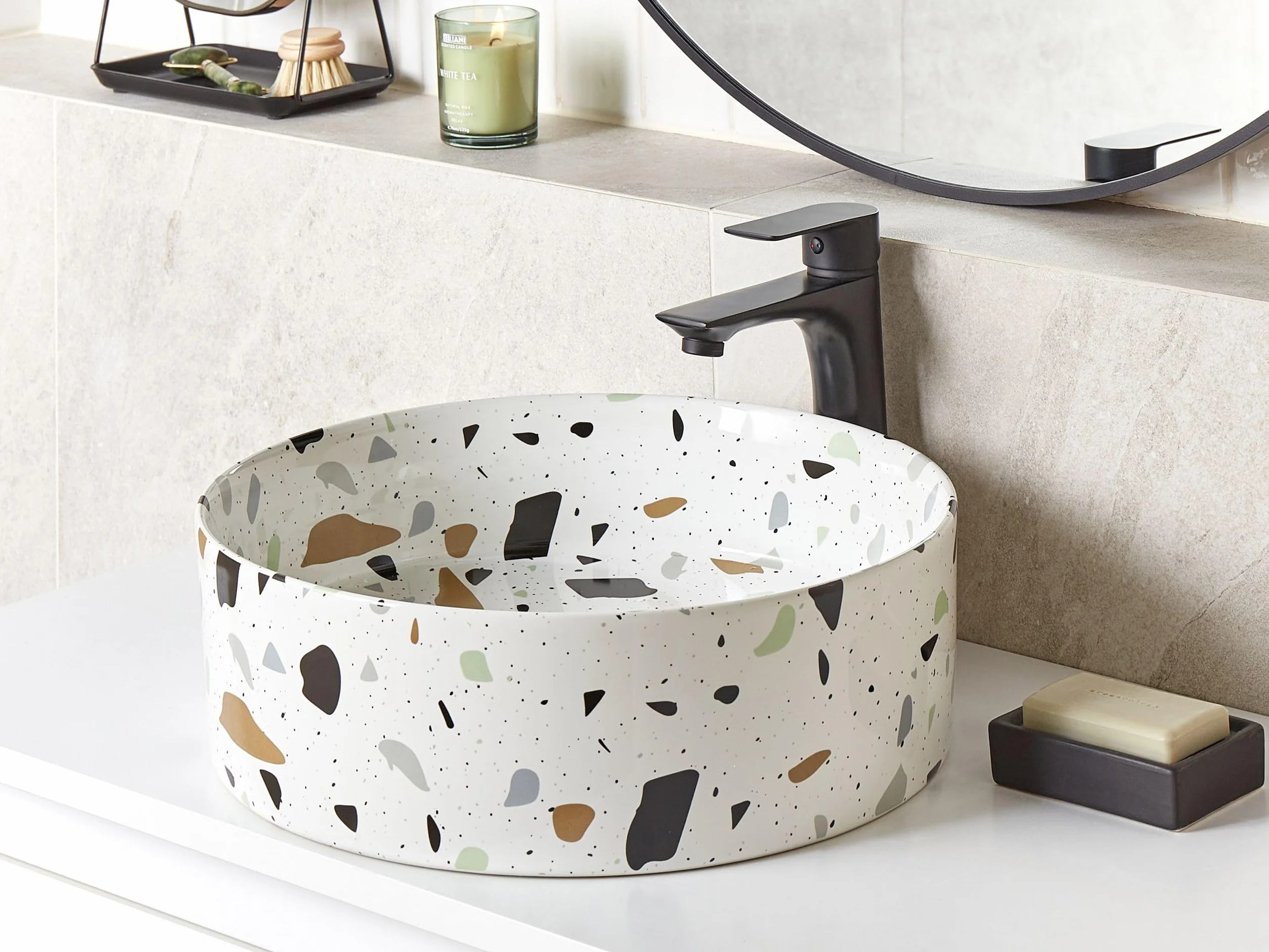 Umywalka łazienkowa nablatowa ceramiczna z efektem lastryko okrągła 40 cm Nules