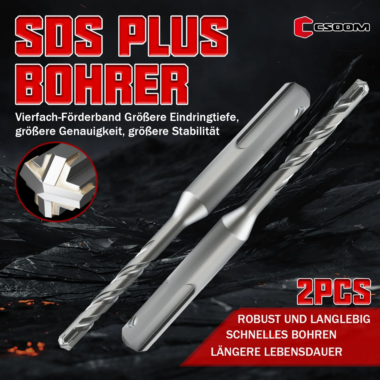 CSOOM SDS Plus wiertło 6 x 110 2 szt., profesjonalne wiertło do betonu, idealne do wiercenia w kamieniu, betonie, kamieniu naturalnym, murze ceglanej