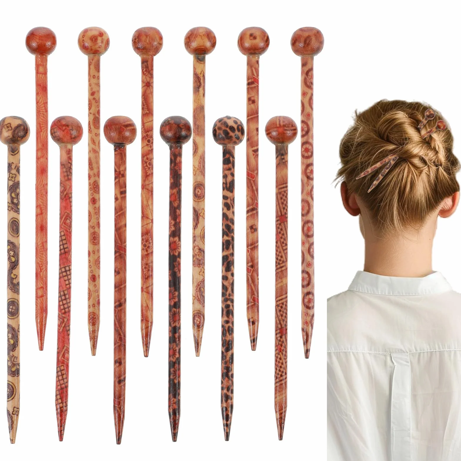 Drewniane patyczki do włosów, boho, vintage, japońska chińska spinka do włosów, dekoracyjne spinki do włosów Hanfu, pałeczki do włosów dla kobiet, dziewcząt, kok, kok, upięcie, akcesoria do fryzury