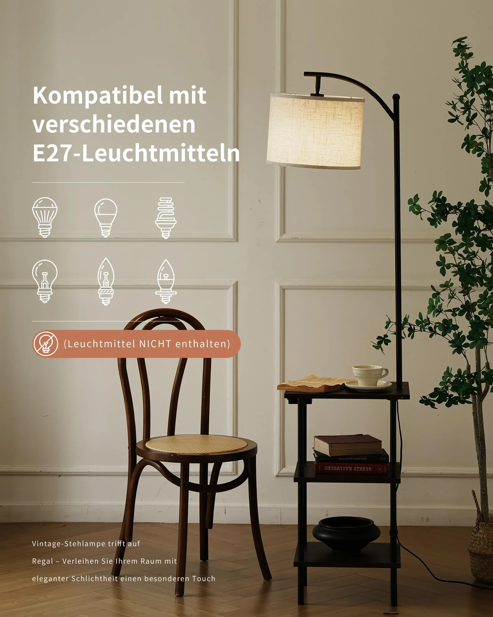 Lampa podłogowa z 3-poziomową półką, porty ładowania USB typu C do salonu, sypialni i biura, bez żarówki