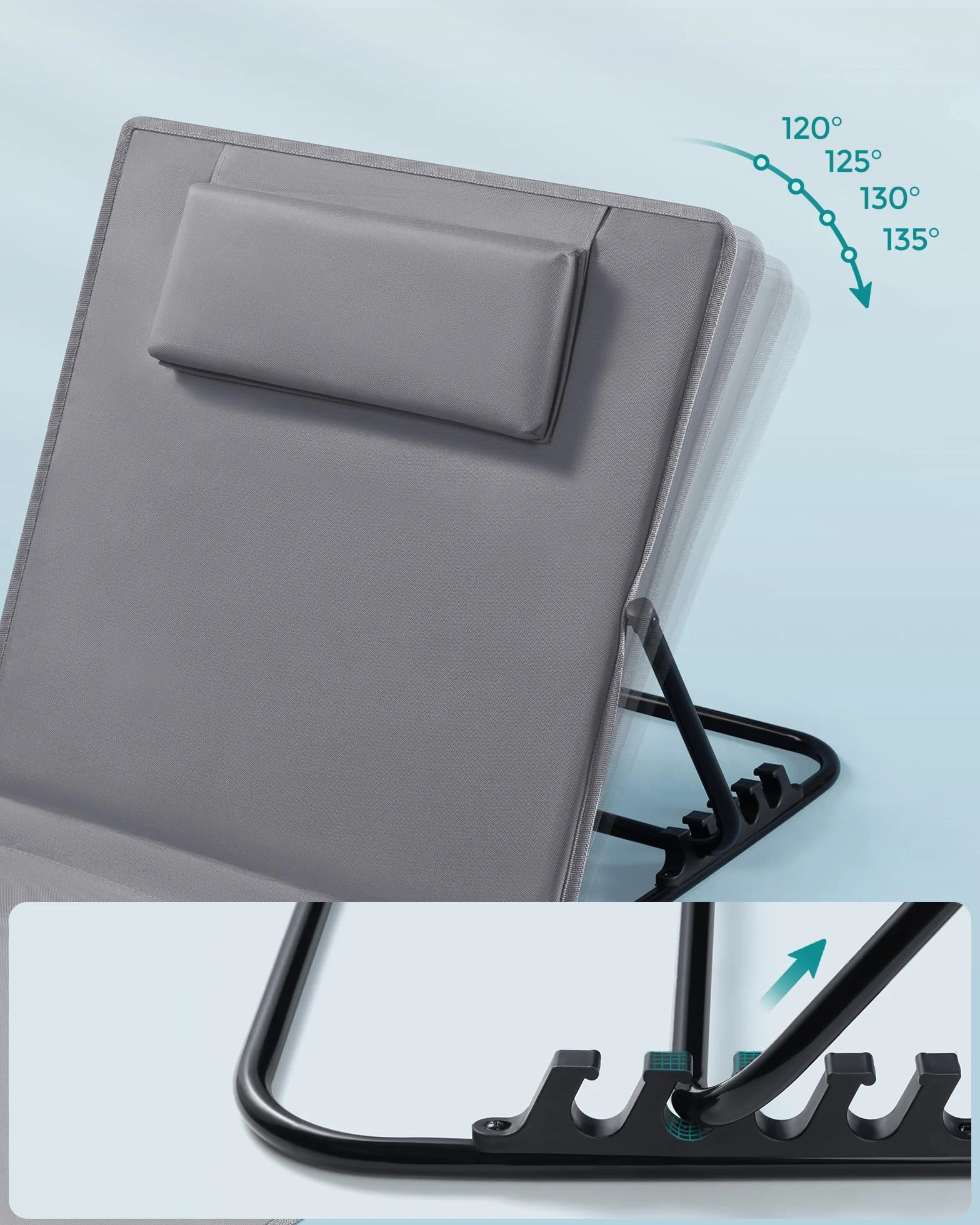 SONGMICS Krzesło plażowe Krzesło kempingowe Leżak plażowy Składane regulowane oparcie Lekki przenośny z uchwytem do basenu kempingowego ogrodowego 158 x 55 cm Łupkowoszary GCB151G01
