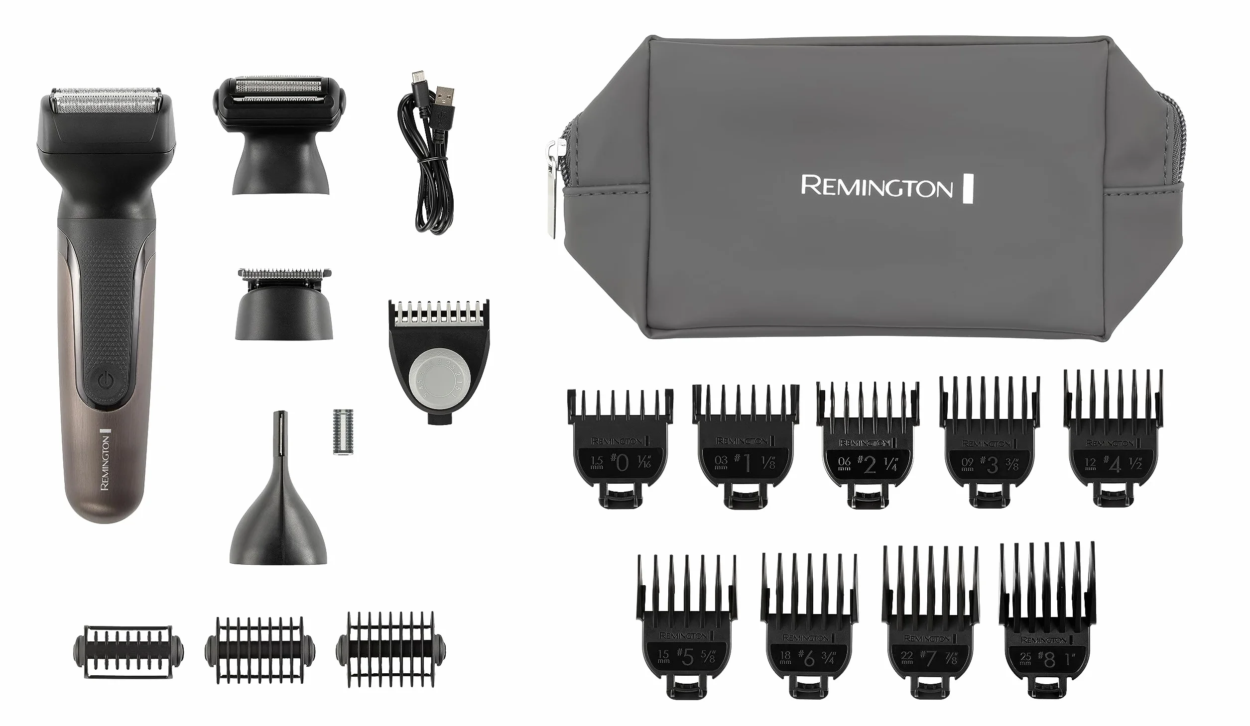 Remington trymer wielofunkcyjny do pielęgnacji całego ciała, zawiera 18 końcówek [ 4 głowice, 14 nasadek], trymer do brody/ciała/nosa/uszu/brwi, wodoodporny, litowy, ONE Total Body Multigroomer PG780