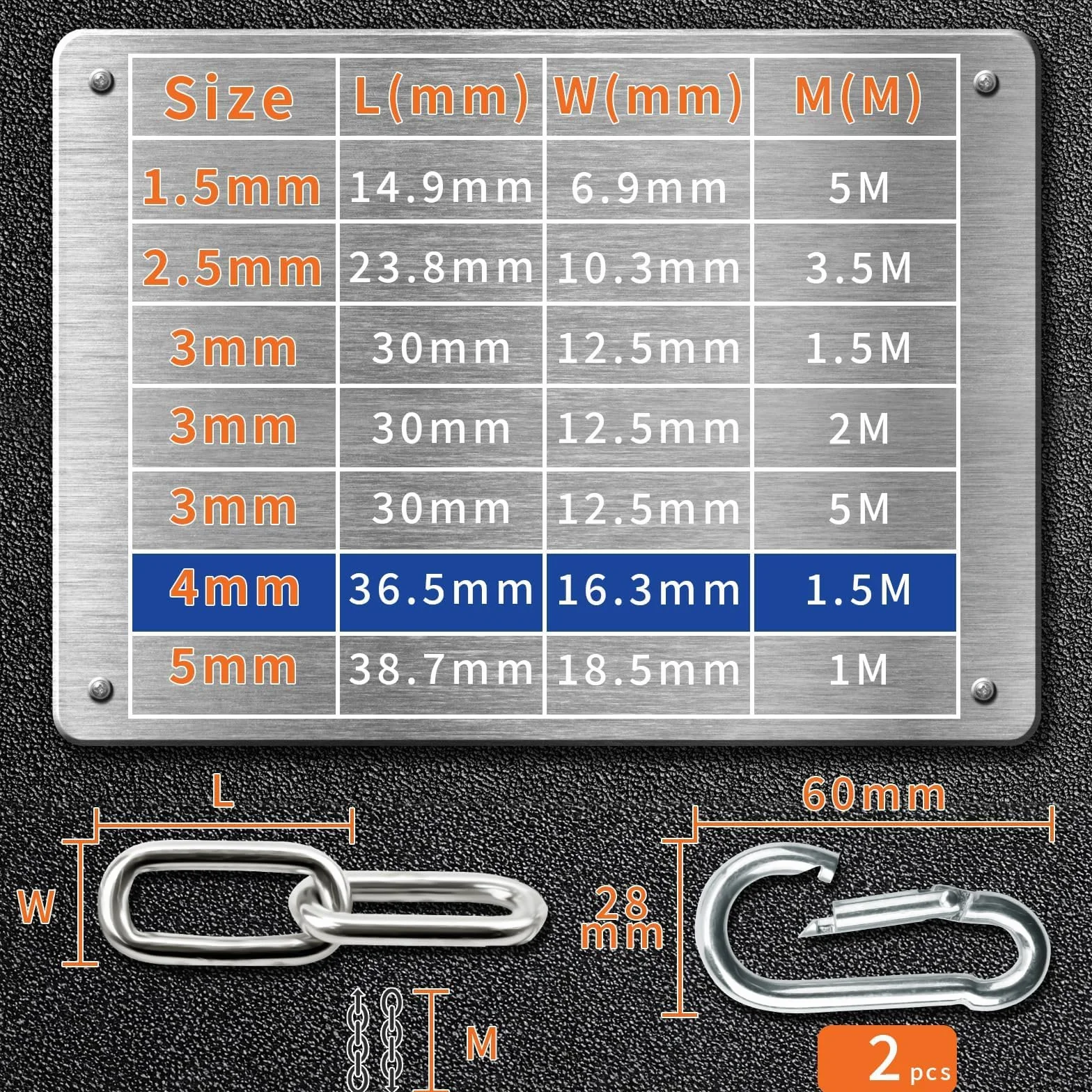 Łańcuszek ze stali nierdzewnej, mocny łańcuszek przedłużający ze stali nierdzewnej, 1,5 m, średnica 4 mm, łańcuch stalowy, okrągły łańcuch ogniwowy z karabińczykiem, do łańcucha dla psów,