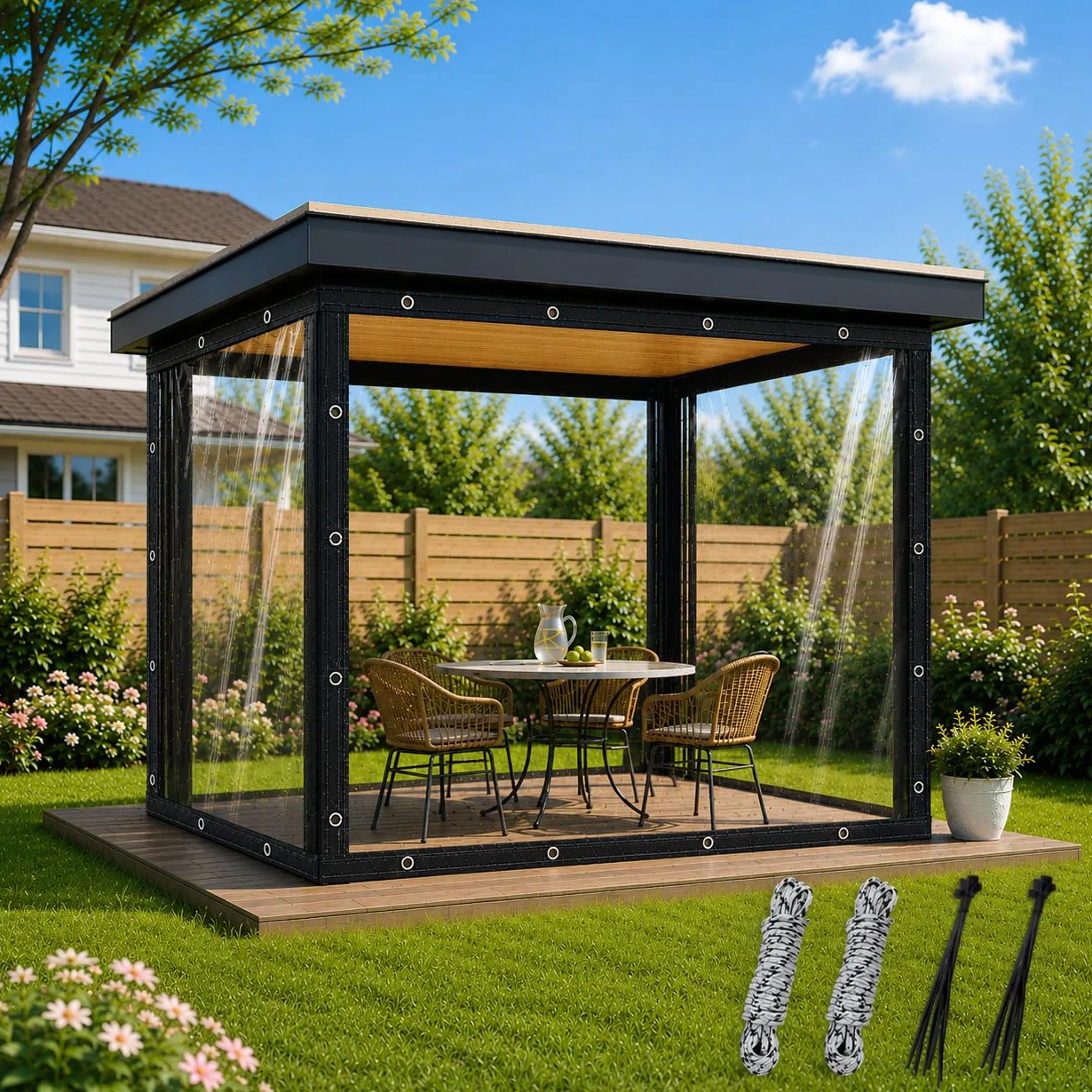 Zewnętrzna przezroczysta pokrywa 3 x 4 m, PVC 420 g/m² przezroczysta plandeka z 20 opaskami na kable, lina 10 m, wodoodporna przezroczysta pokrywa z oczkami, plandeka PCW na taras, do ogrodu