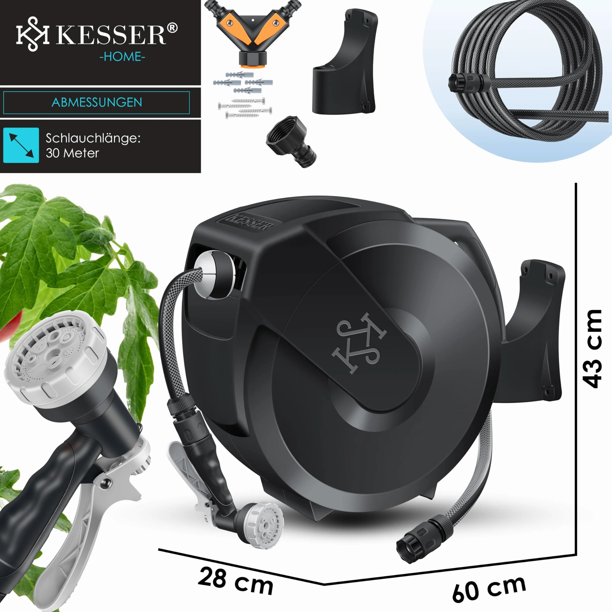 KESSER® Bęben na wąż ogrodowy z wężem ogrodowym 30 m | bęben do węża wodnego do montażu na ścianie | uchwyt ścienny | obracany o 180° i automatyczne zwijanie | pudełko na wąż ścienny w zestawie z 7