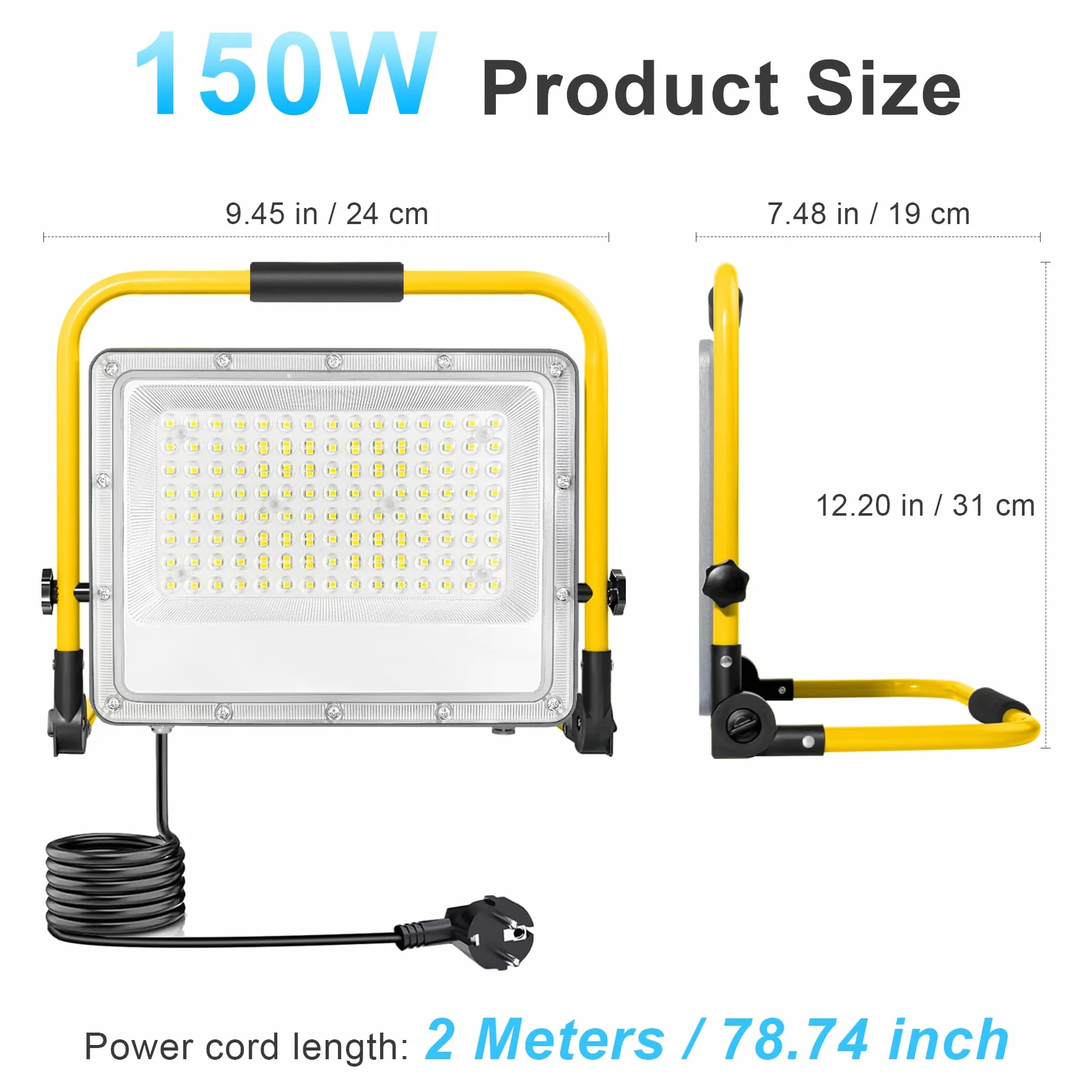 Lampa Robocza LED 150W 15000 Lumenów 6500K Zimna Biel IP66 Wodoodporna ze Stojakiem Kabel 2m – Plac Budowy, Remont Domu, Oświetlenie Płyty G-K
