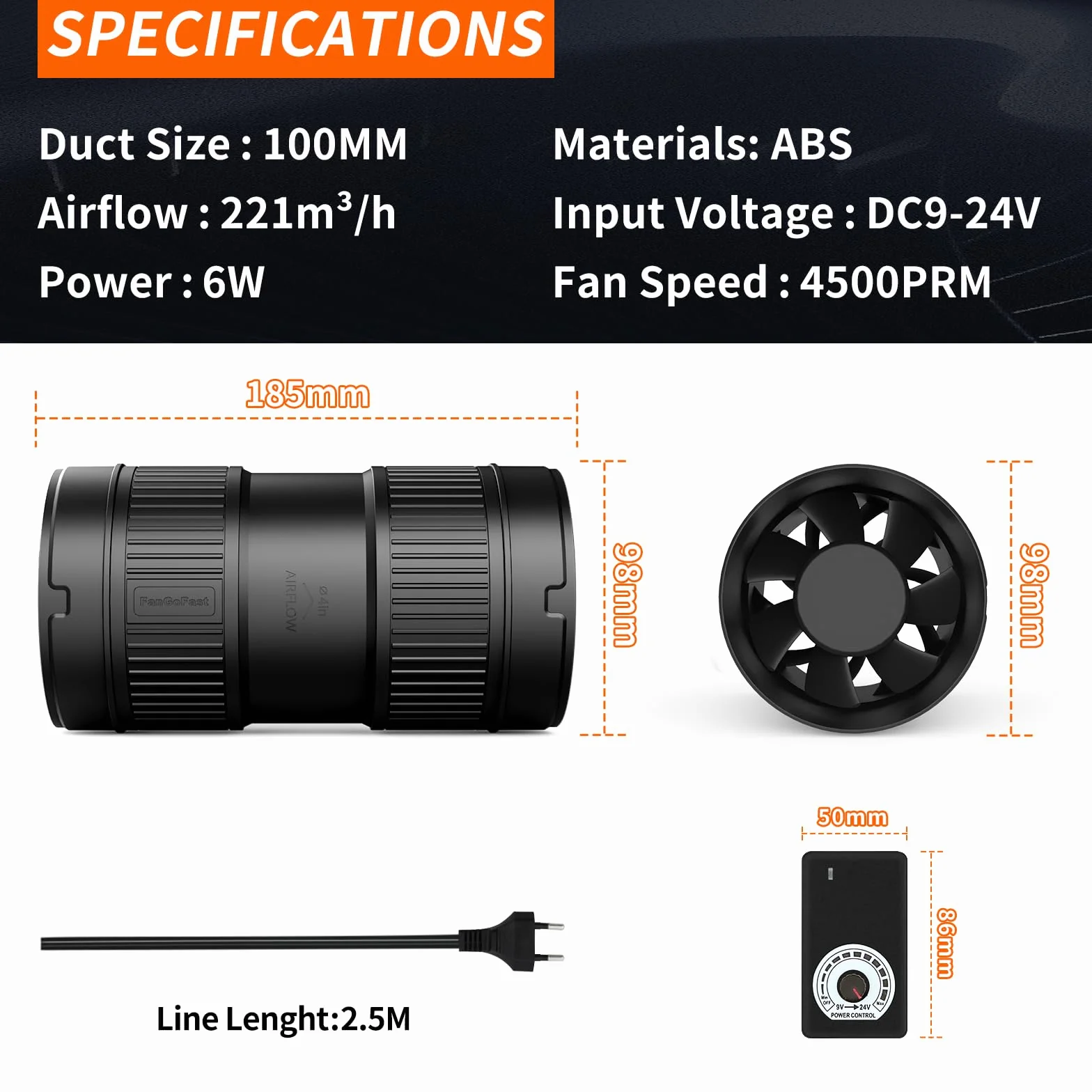 FanGoFast Wentylator rurowy 100 mm 221 m³/h regulowany czarny z wtyczką EU cichy