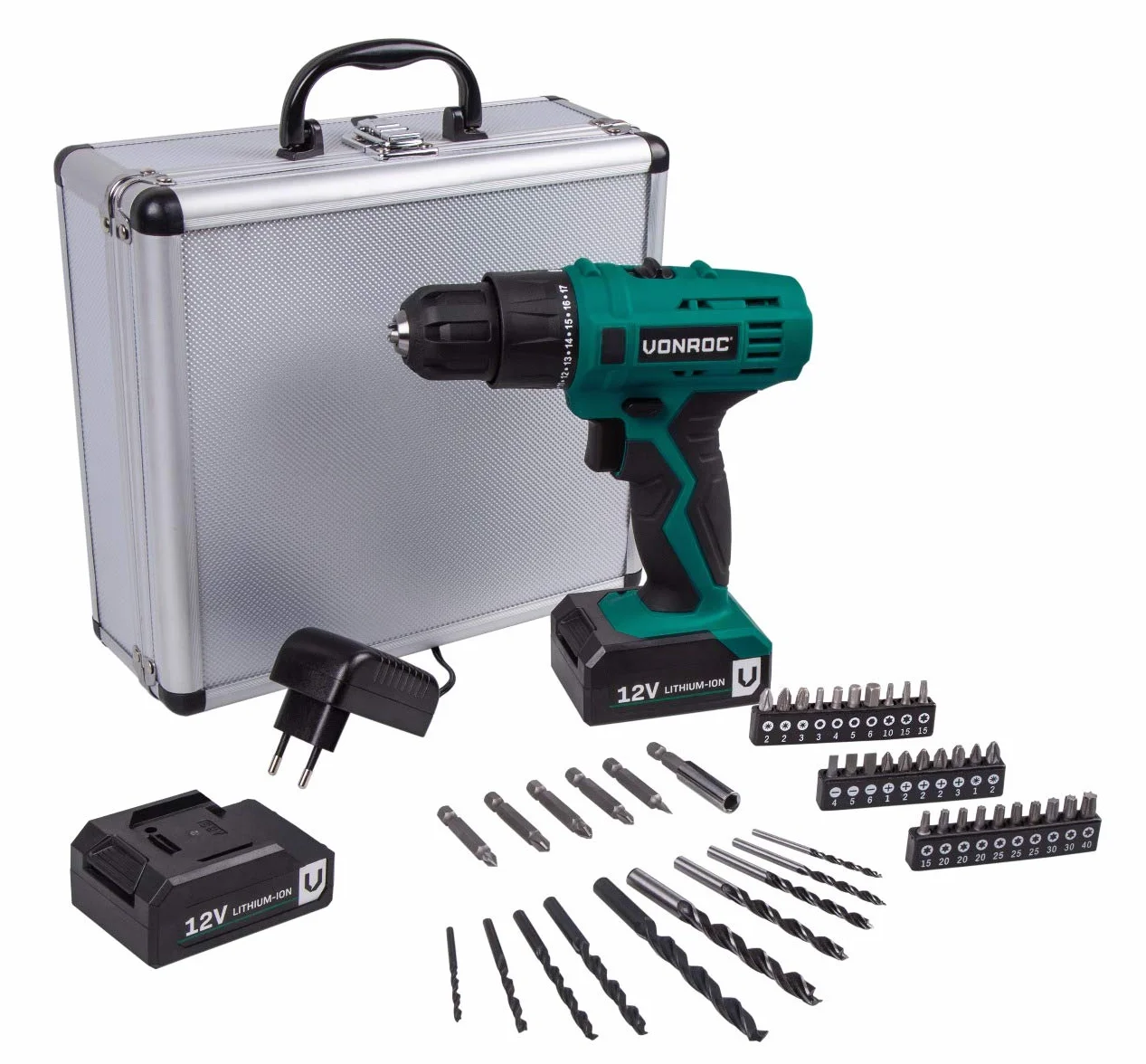 VONROC Wiertarko-wkrętarka akumulatorowa 12 V – w stabilnej walizce aluminiowej z 46 akcesoriami, 2 akumulatorami i ładowarką