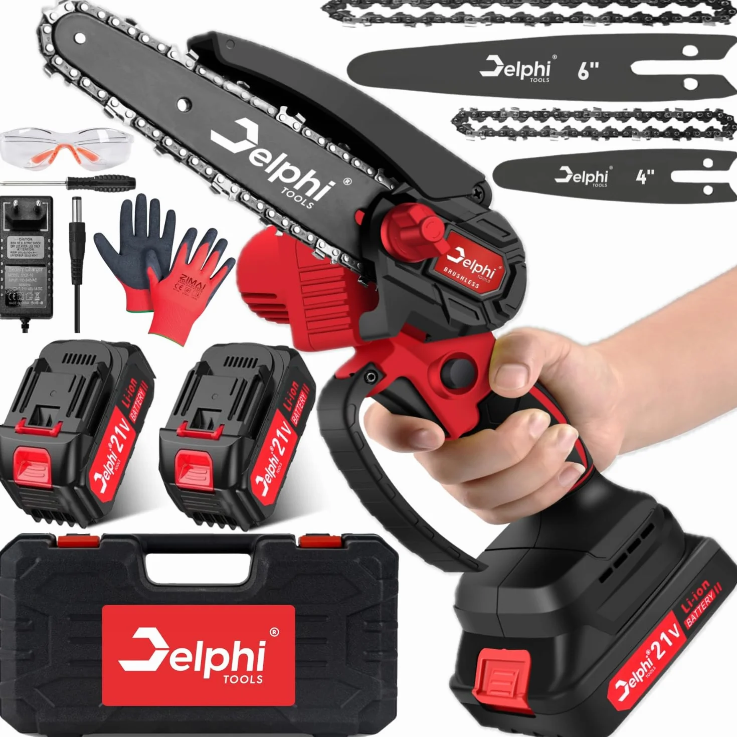 Delphi mini piła łańcuchowa z akumulatorem, piła do gałęzi 15 i 10 cm, ręczna piła łańcuchowa 800W, 21 V, ręczna piła 2× akumulator – idealna do cięcia gałęzi, drewna, palet i małych drzew
