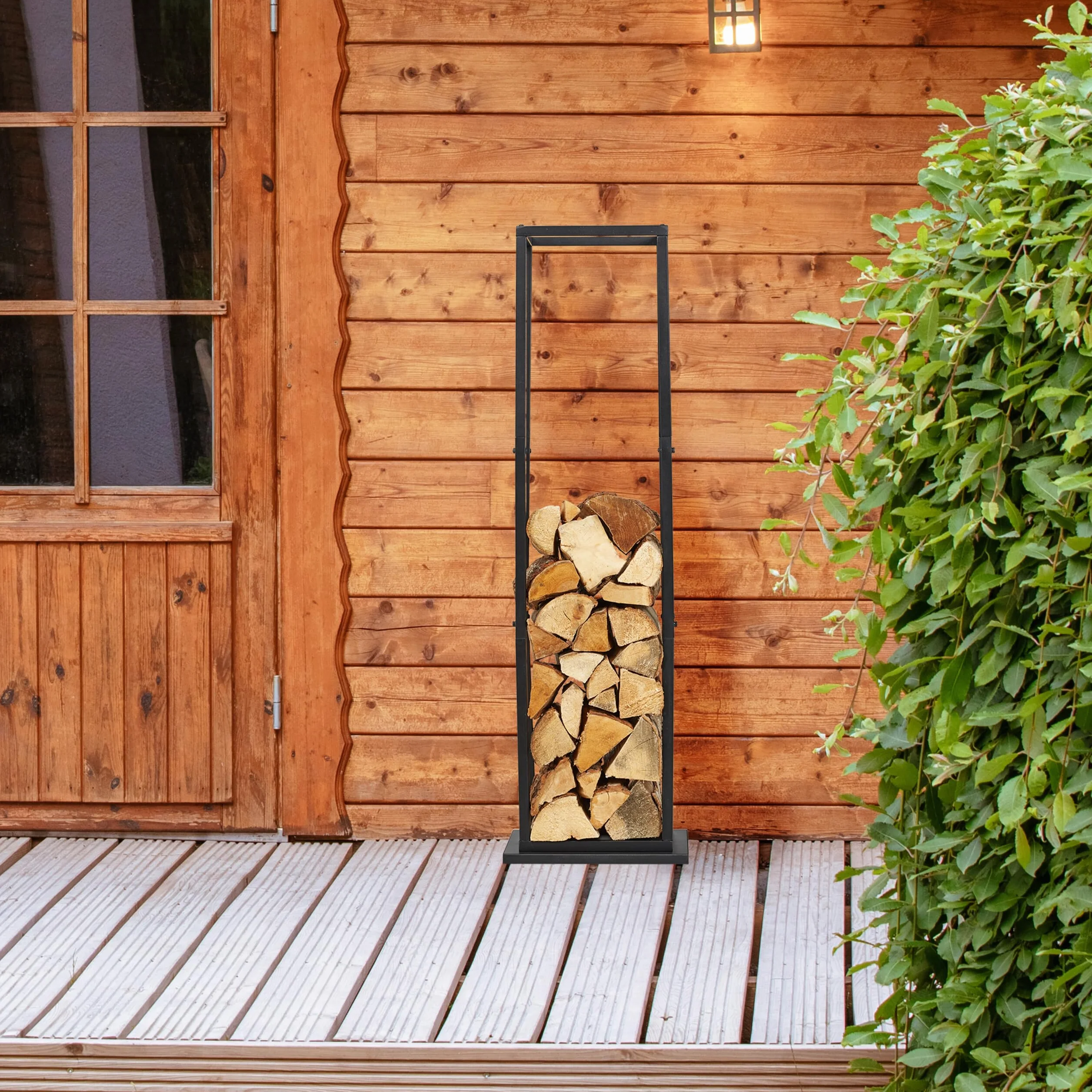 Relaxdays Regał na drewno kominkowe, metal, wys. x gł.: 121 x 35 x 35 cm, wysoki regał na drewno opałowe, do układania w stos, drewno opałowe, czarny