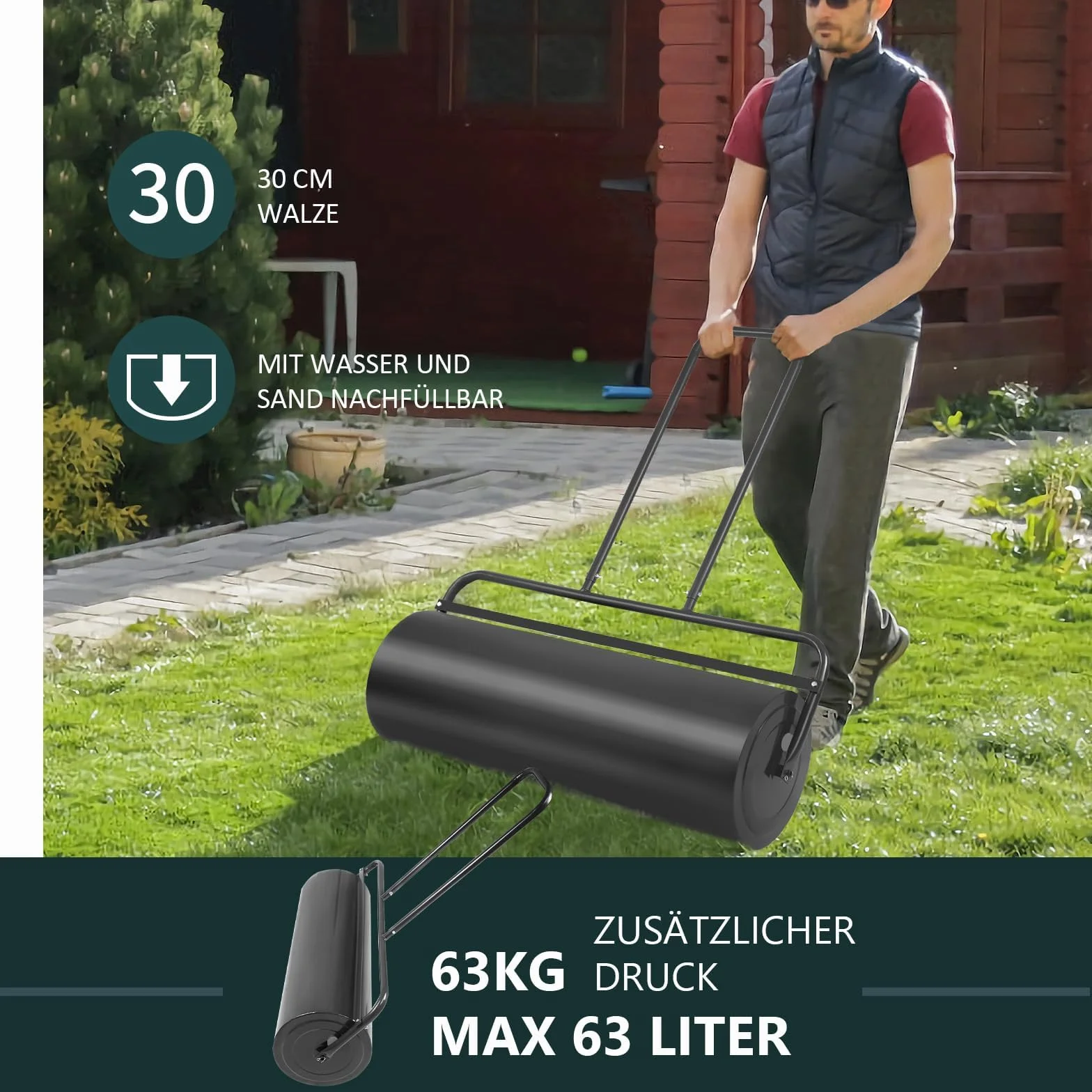FANTASK Walec do trawnika 63 l, Ø 30 cm, do napełniania wodą/piaskiem, czarny