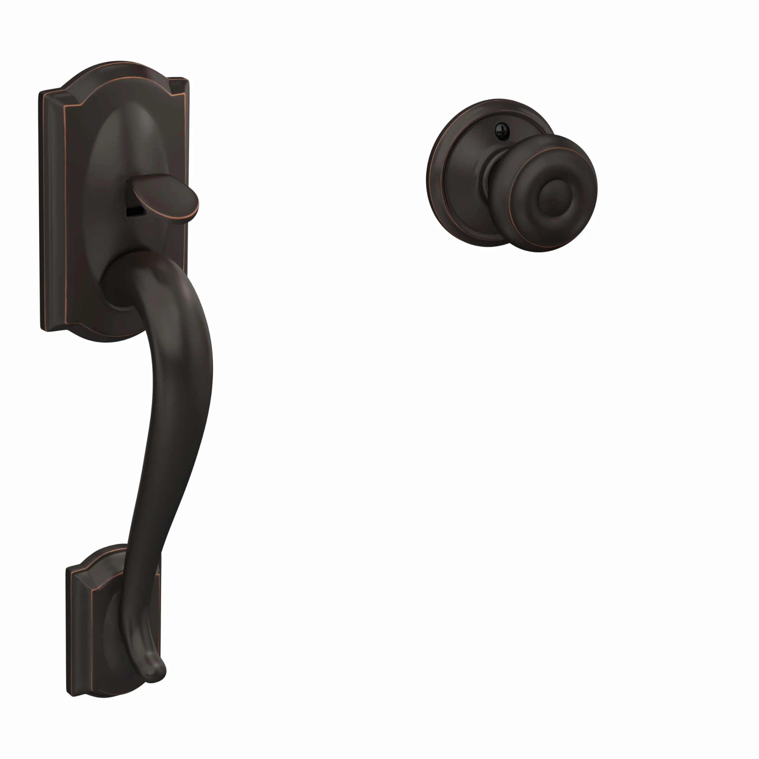 Schlage FE285 CAM 716 GEO Camelot zestaw klamek wejściowych z gruzińską gałką, dolny uchwyt do połowy, postarzany brąz