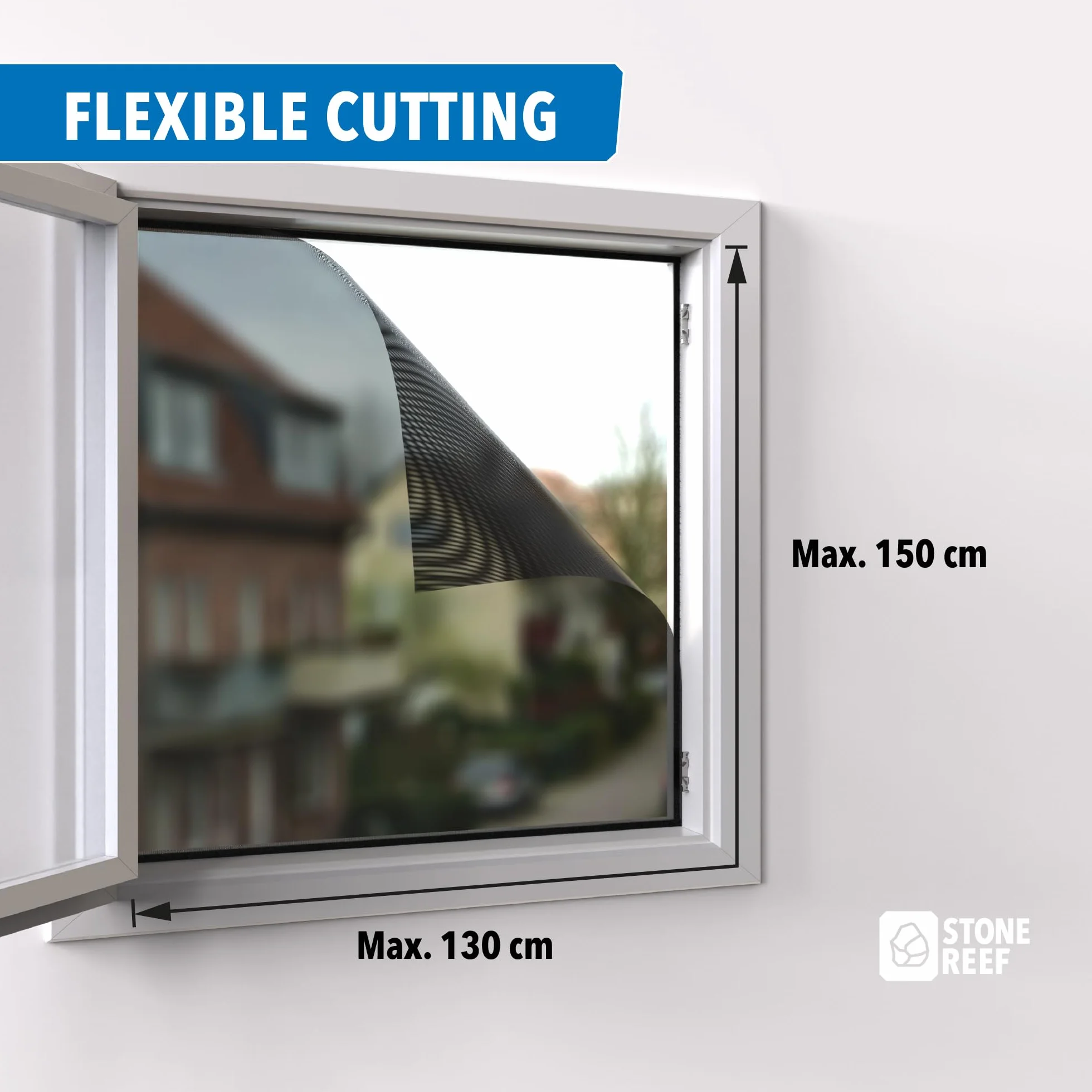 Moskitiera okienna zestaw 130 x 150 cm z taśmą na rzep – siatka przeciw owadom na okno, czarna, 24 g/m², w zestawie taśma klejąca 5,6 m, przecinak i akcesoria – siatka na komary na okno, samoprzylepna