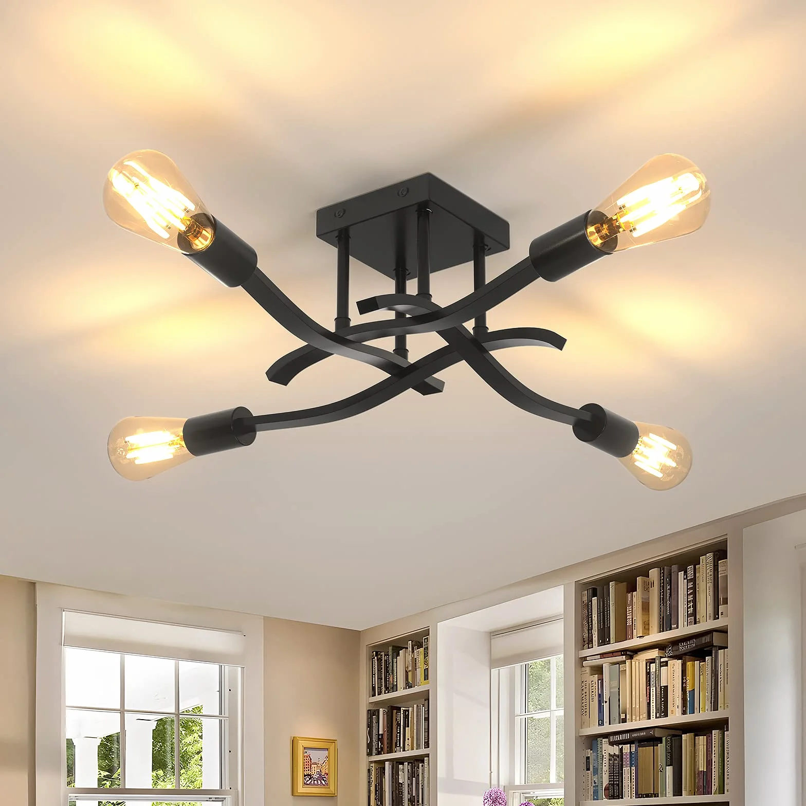 OTREN Lampa sufitowa w stylu vintage, retro lampa sufitowa, 4 płomienie czarny metalowy żyrandol przemysłowy do salonu kuchni sypialni, czarny, E27