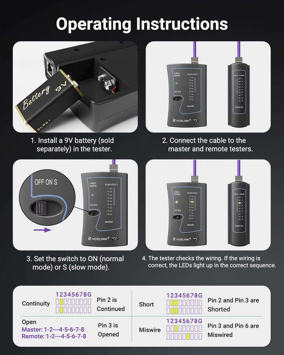 VCELINK Tester kabli sieciowych, tester RJ45 LAN do kabli CAT7, CAT6, CAT5E, CAT5 i kabla telefonicznego RJ11, czarny, 1 sztuka