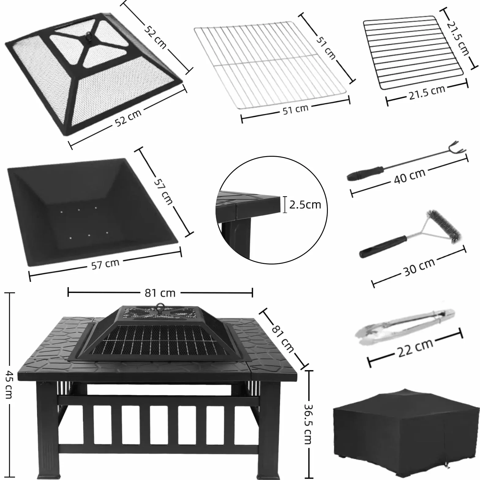 TLSUNNY Kosz Paleniskowy 3 w 1 Kwadratowy 81x81x45 cm z Rusztem i Plandeką