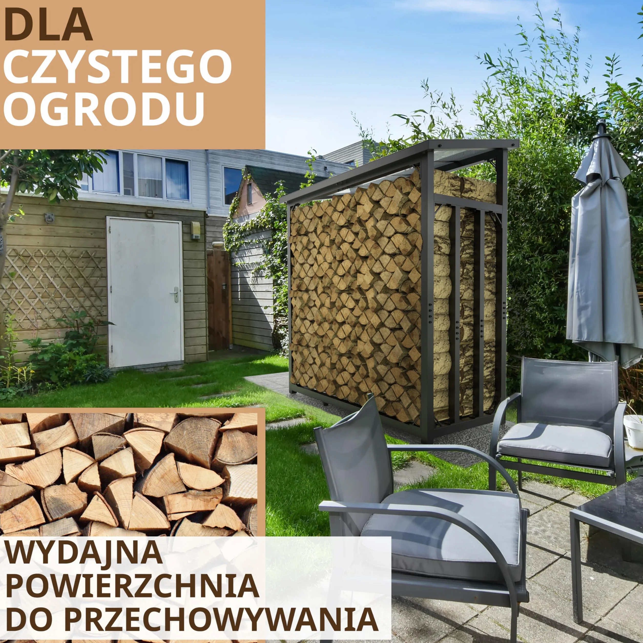 regał na drewno kominkowe, metalowy, z dachem, ocynkowany, 188 x 70 x 188 cm, 45 kg, 3 t, 3,3³ SRM, stojak na drewno kominkowe, stojak na drewno opałowe, na zewnątrz (czarny)
