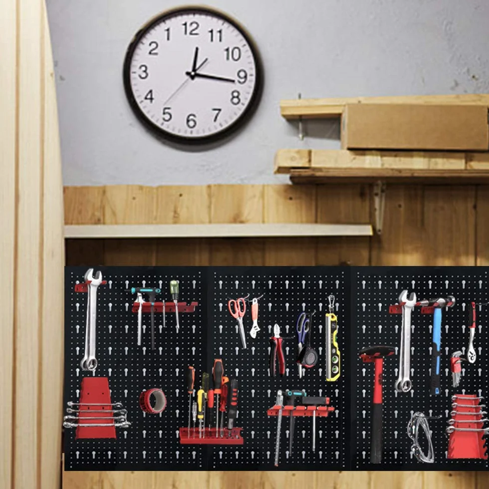 HENGMEI Ścianka narzędziowa z metalu z 17-częściowym zestawem haków 120 x 60 x 2 cm ściana perforowana do warsztatu