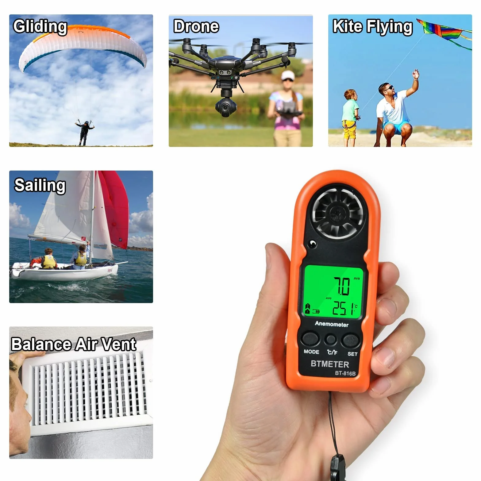 Anemometr ręczny BTMETER BT-816B Cyfrowy miernik prędkości wiatru z termometrem HVAC CFM