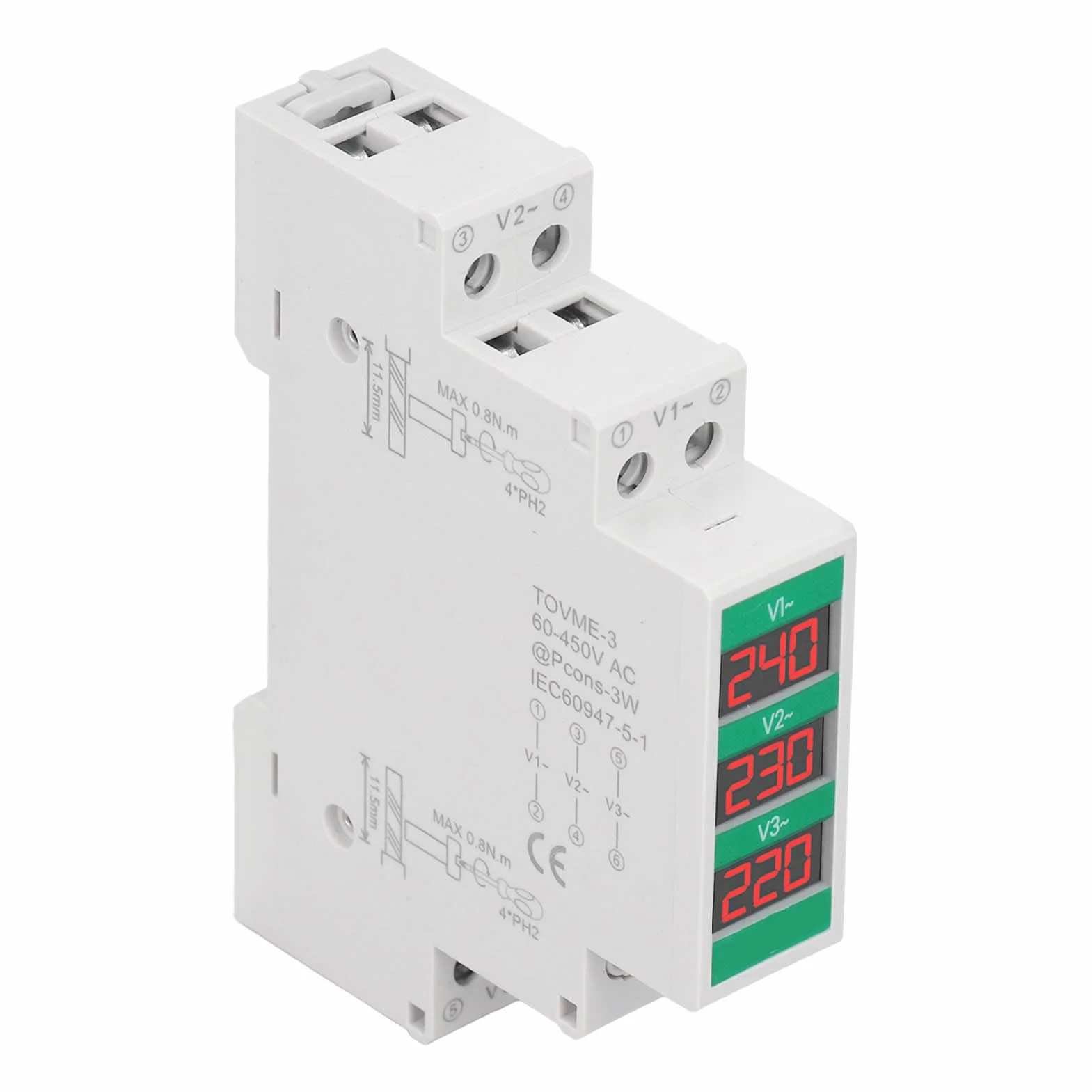 Woltomierz Trójfazowy 60-450V Ekran LCD Tester Miernika Napięcia, Montowany na Szynie DIN Woltomierz Cyfrowy i Detektor Napięcia