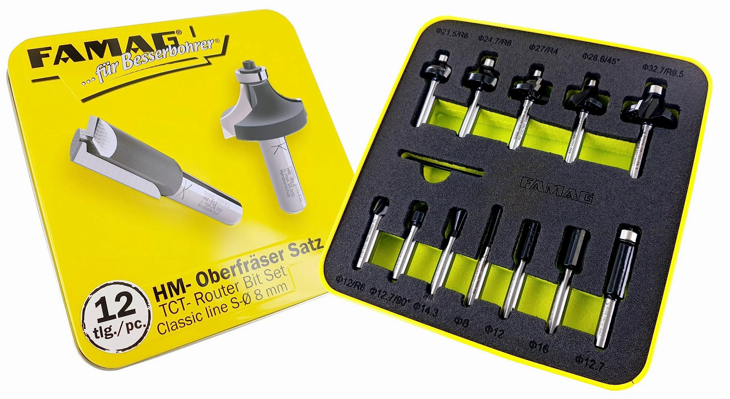 FAMAG Zestaw frezów z twardego metalu Classic Line, 12-częściowy, trzonek Ø 8 mm, w metalowym pudełku - 3381.812