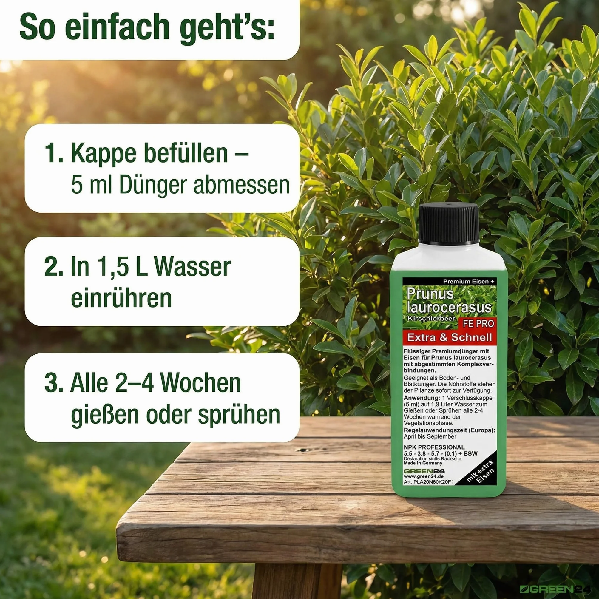 GREEN24 Nawóz laurowirowy FE PRO z żelazem Prunus laurocerasus NPK, nawóz płynny premium